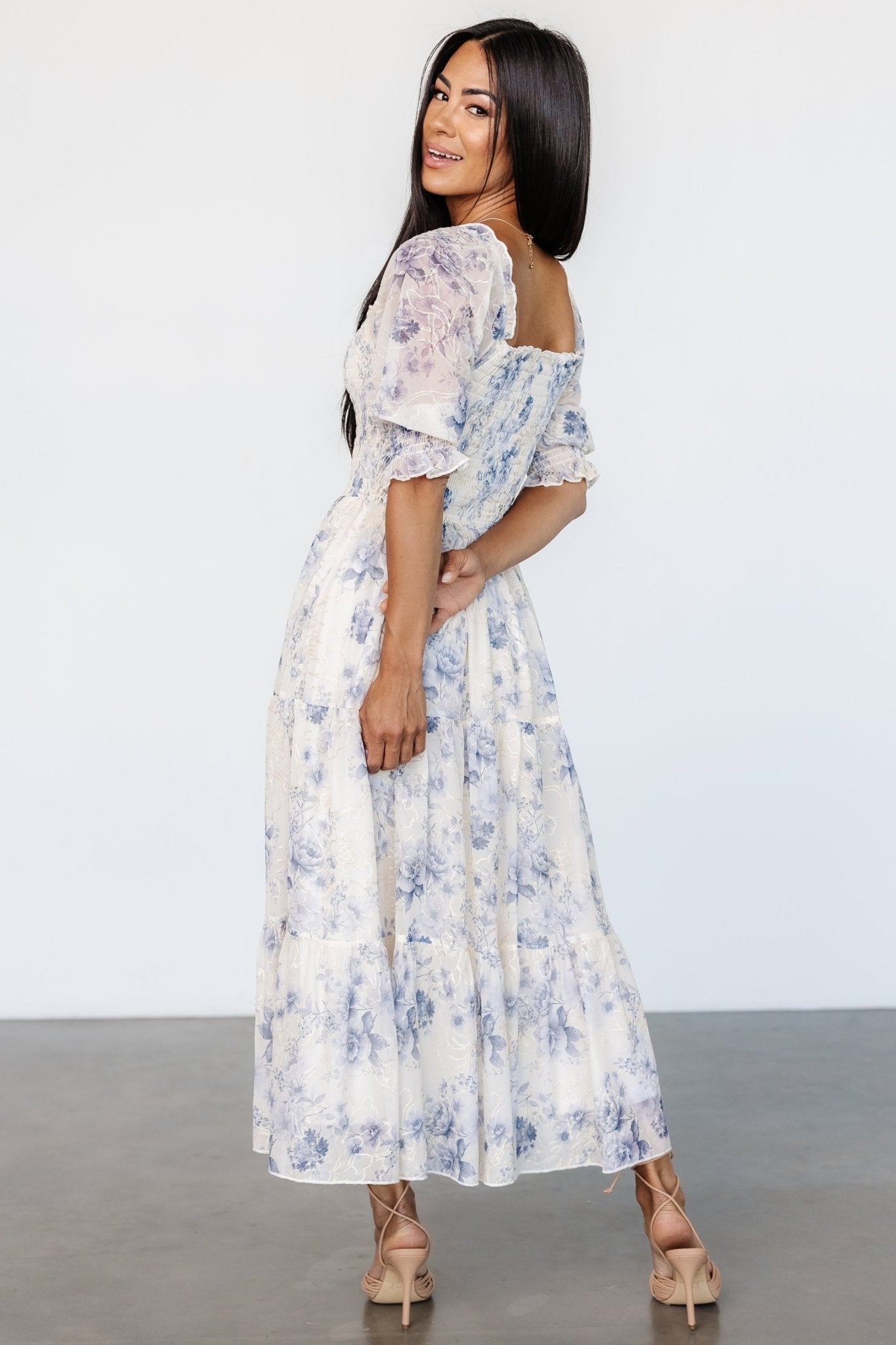 Fabian Jacquard Midi Dress | Cream + Blue Floral Buy Cheap Pice