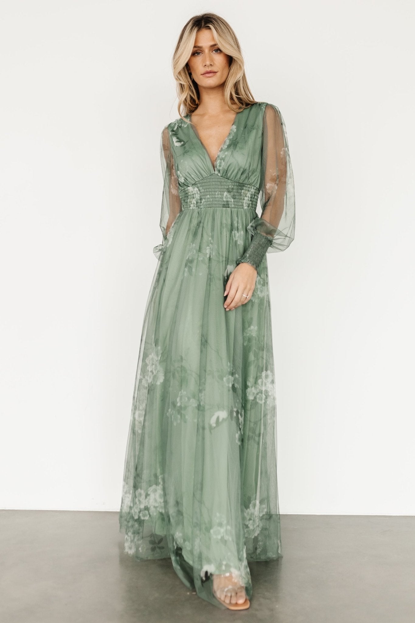 Layla Tulle Maxi Dress | Dusty Green Floral Sale New