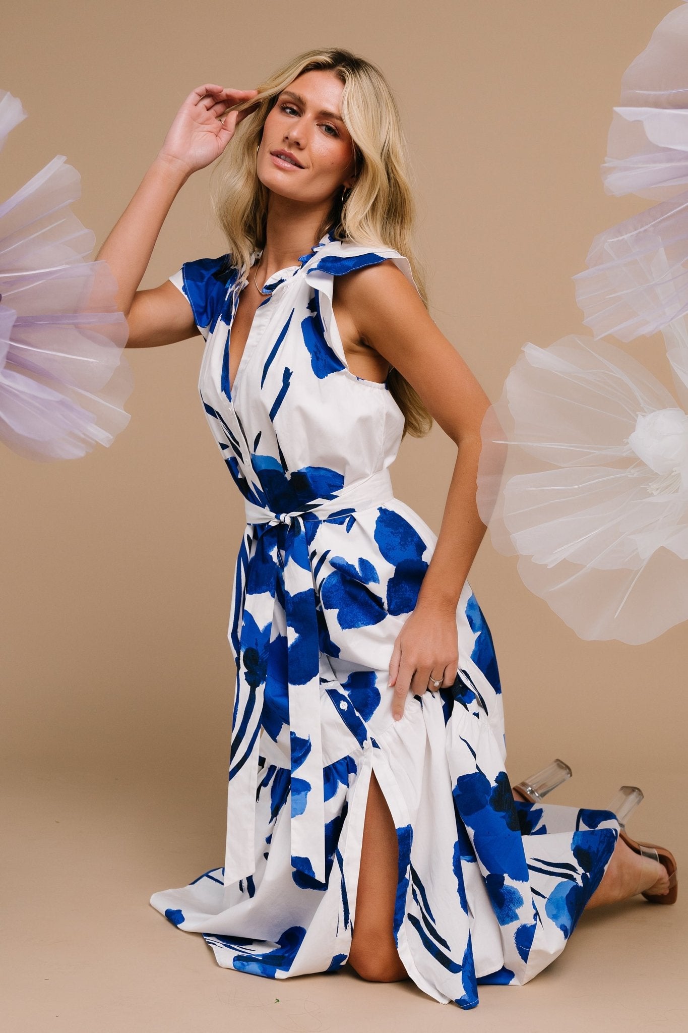 Blakely Button Dress | White + Cobalt Best Wholesale For Sale