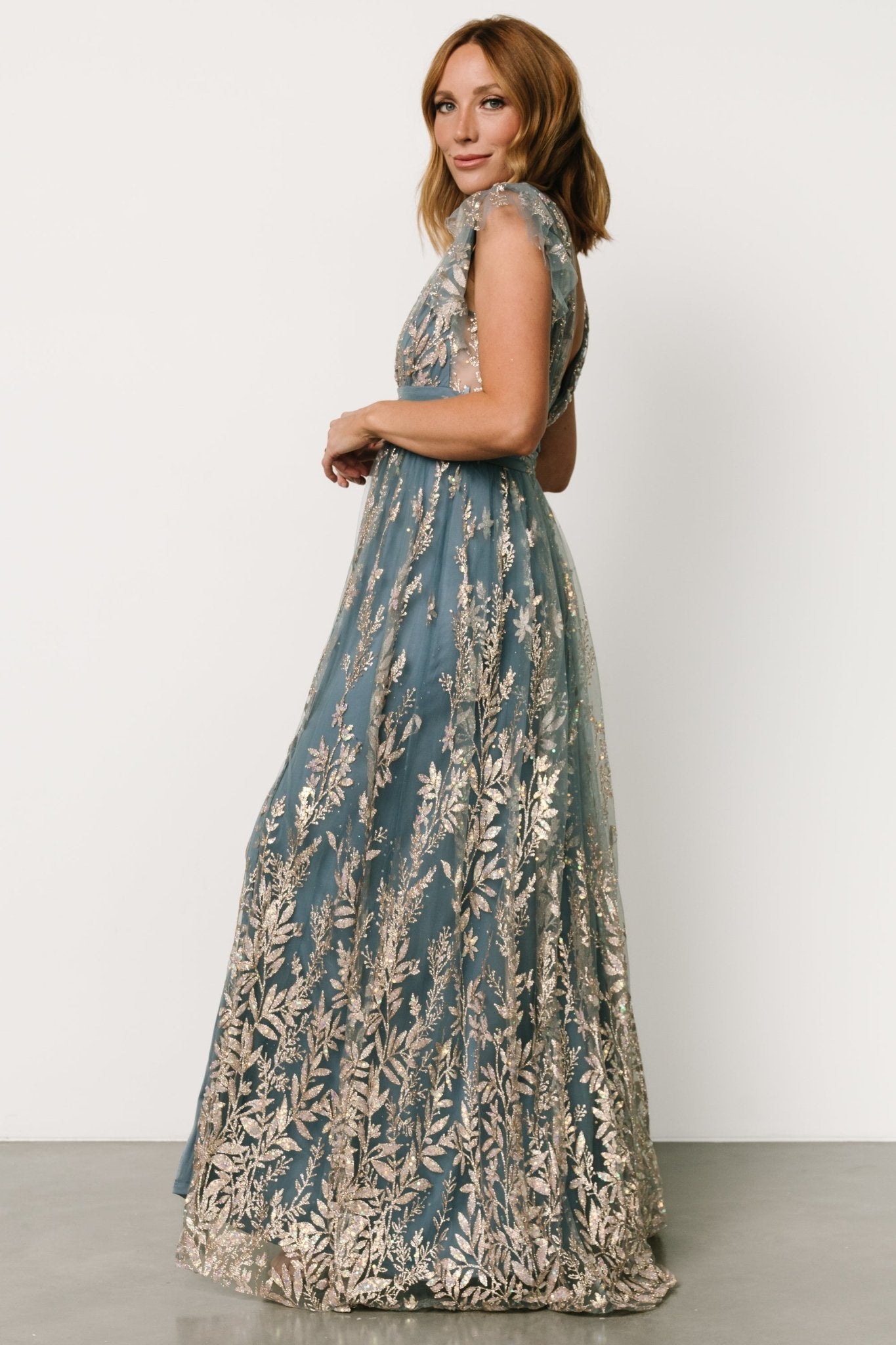 Karina Shimmer Gown | Blue + Rose Gold Clearance Pictures