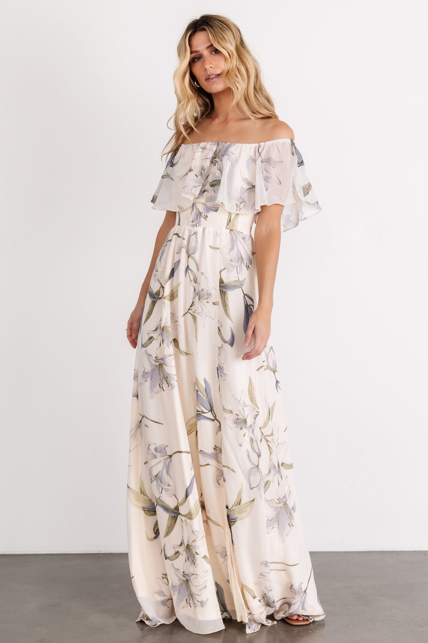 Daphne Off Shoulder Maxi Dress | Beige + Blue Floral Manchester Sale Online