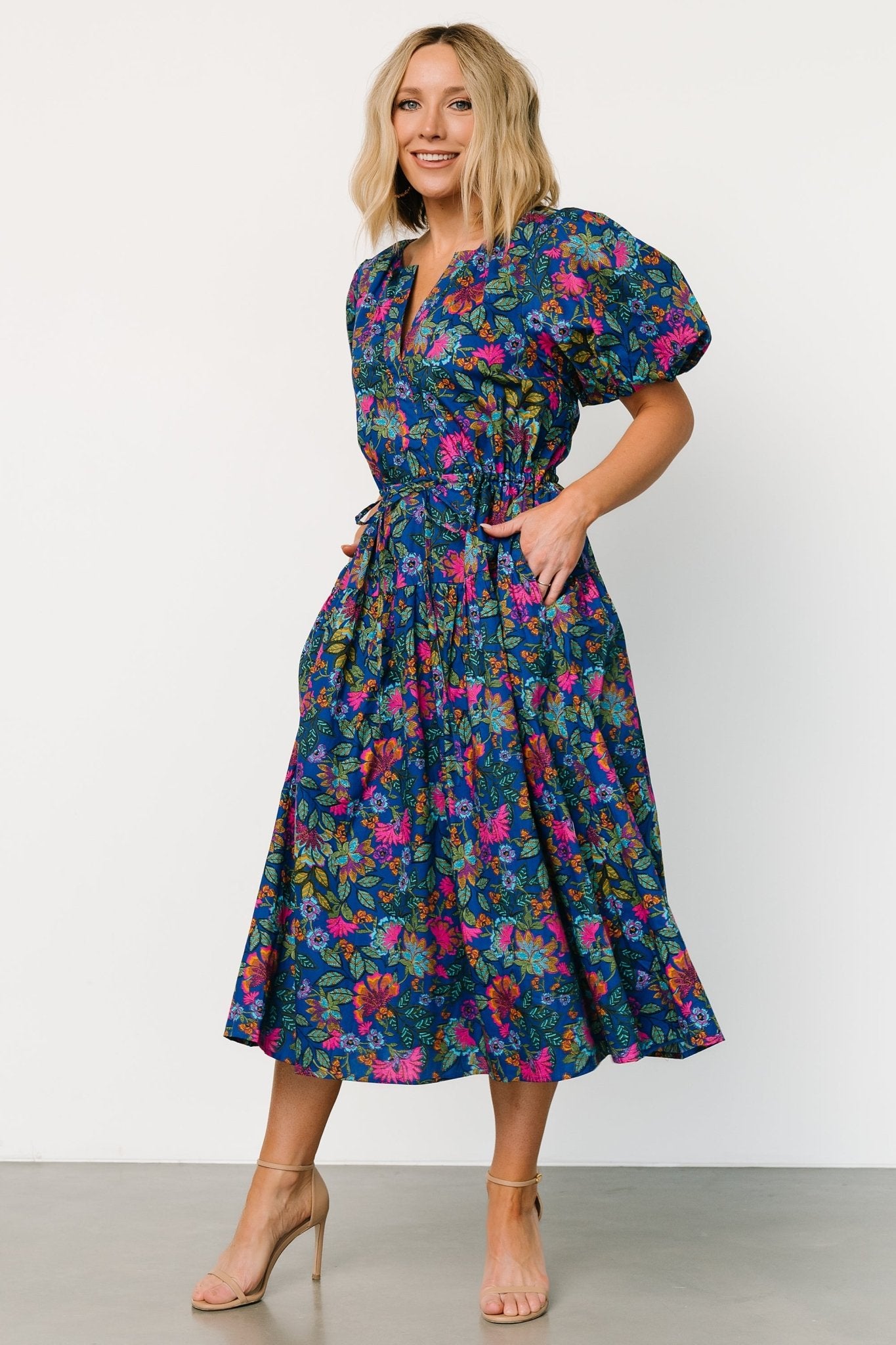 Karol Puff Sleeve Midi Dress | Blue Multi Cheap New Arrival