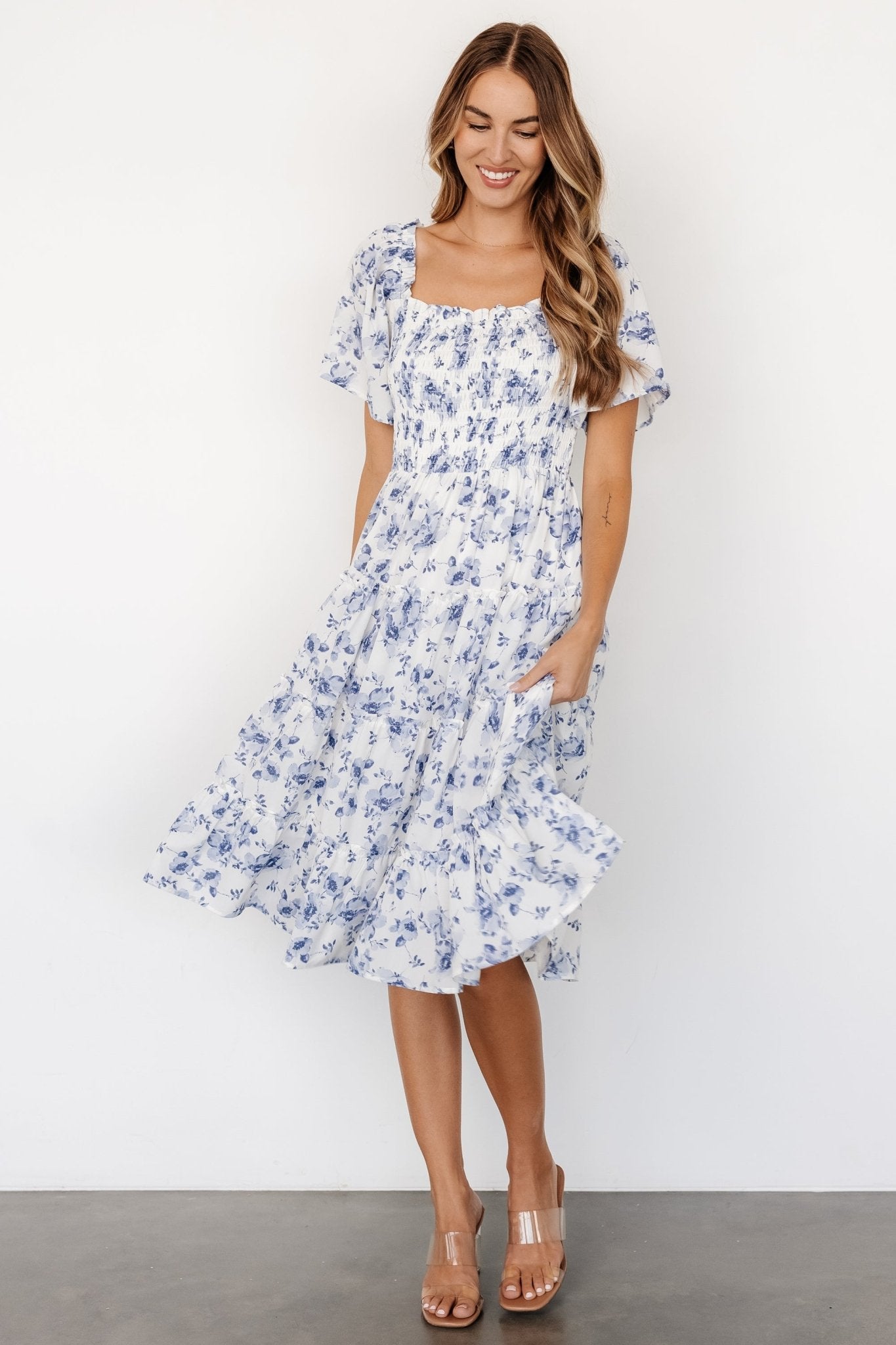 Lilla Tiered Midi Dress | Off-White + Blue Floral Cheapest Cheap Online