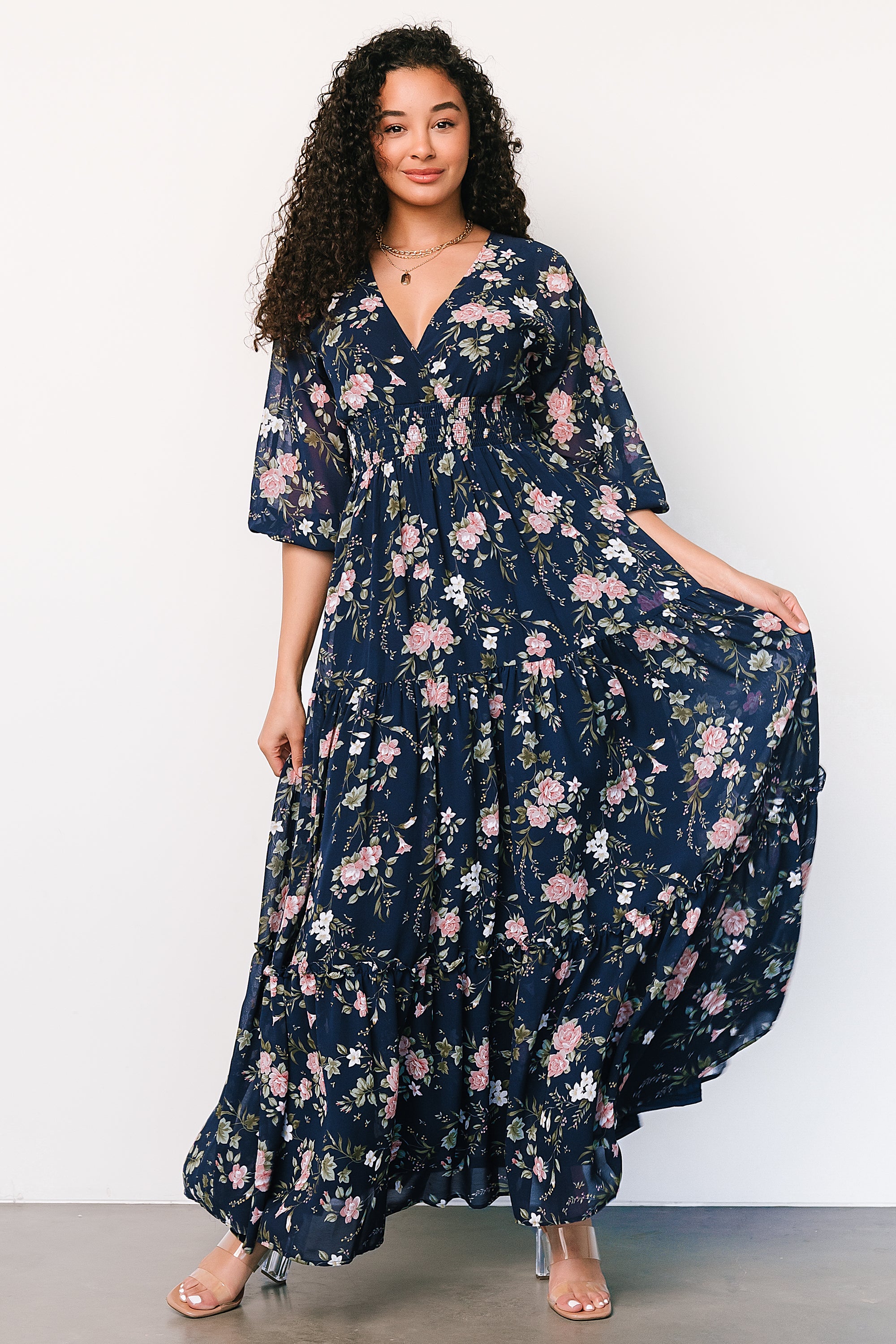 Sawyer Tiered Maxi Dress | Navy + Pink Free Shipping Best Seller