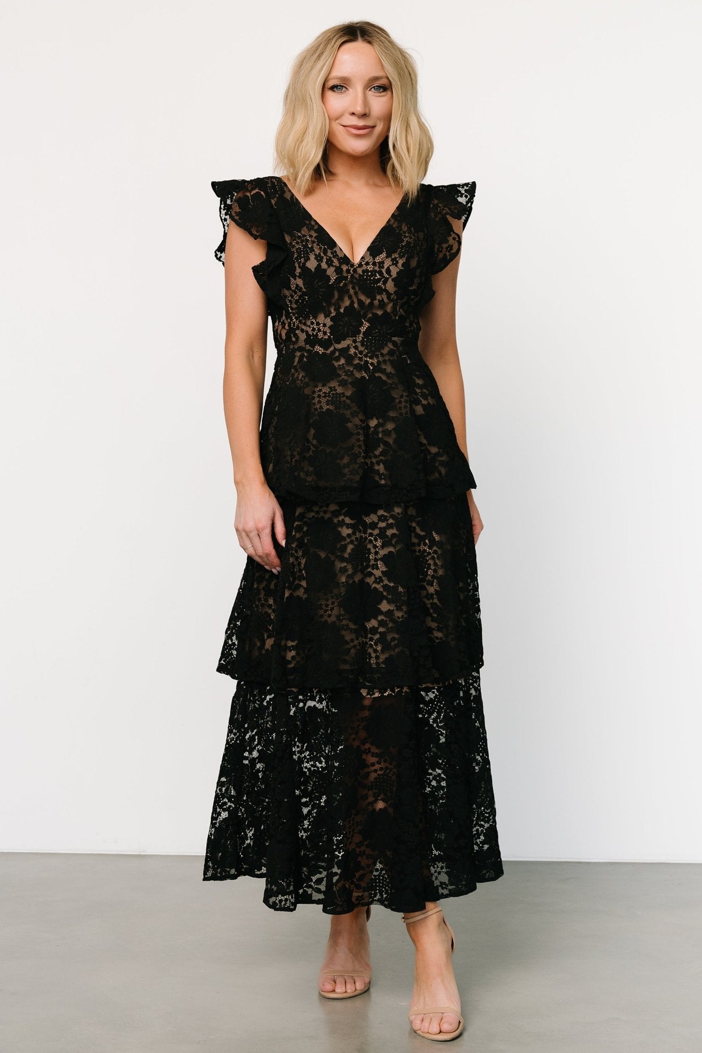 Margot Lace Tiered Maxi Dress | Black + Nude Sale Online Online