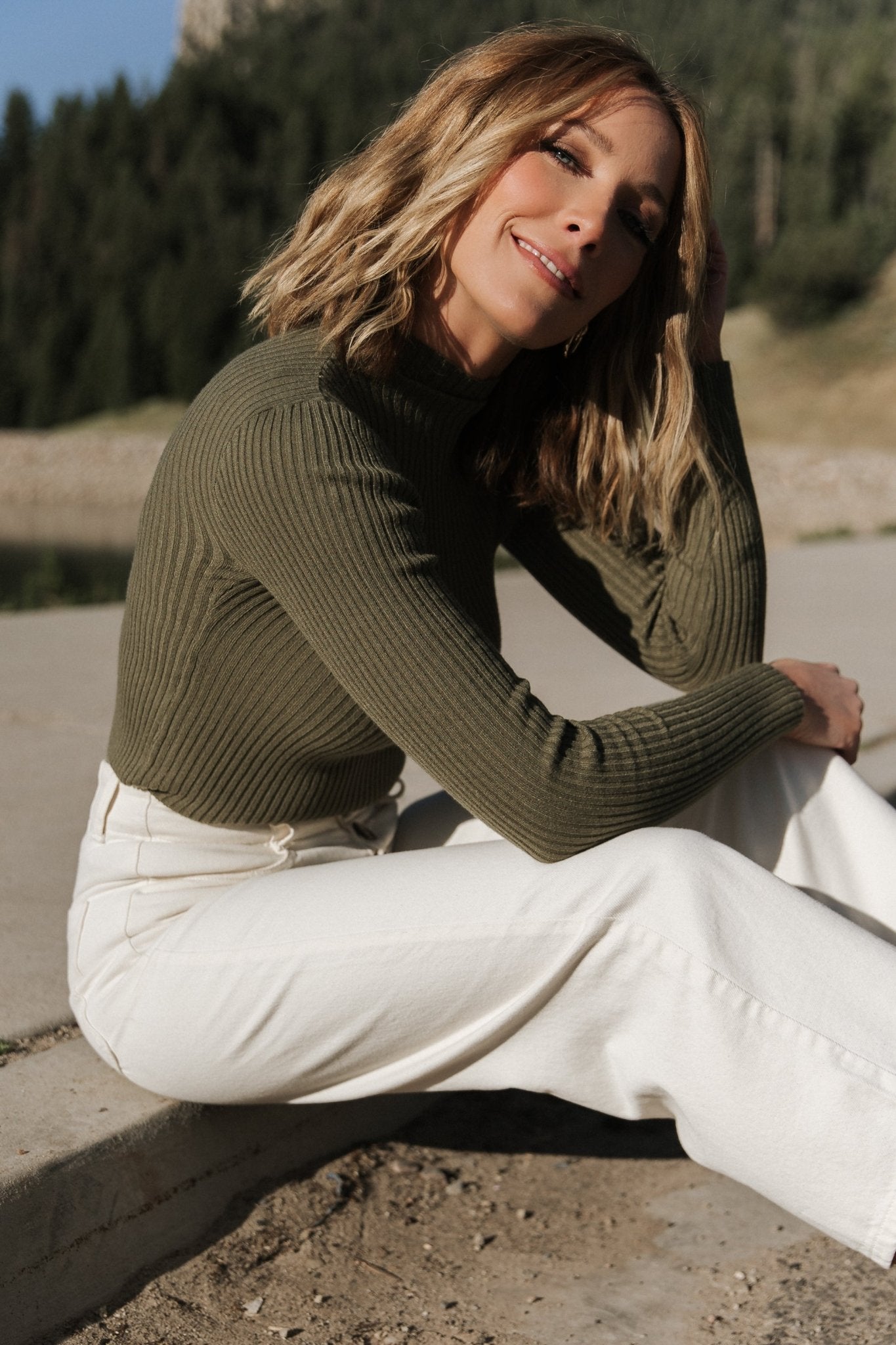 Ari Ribbed Long Sleeve Top | Olive Outlet Clearance