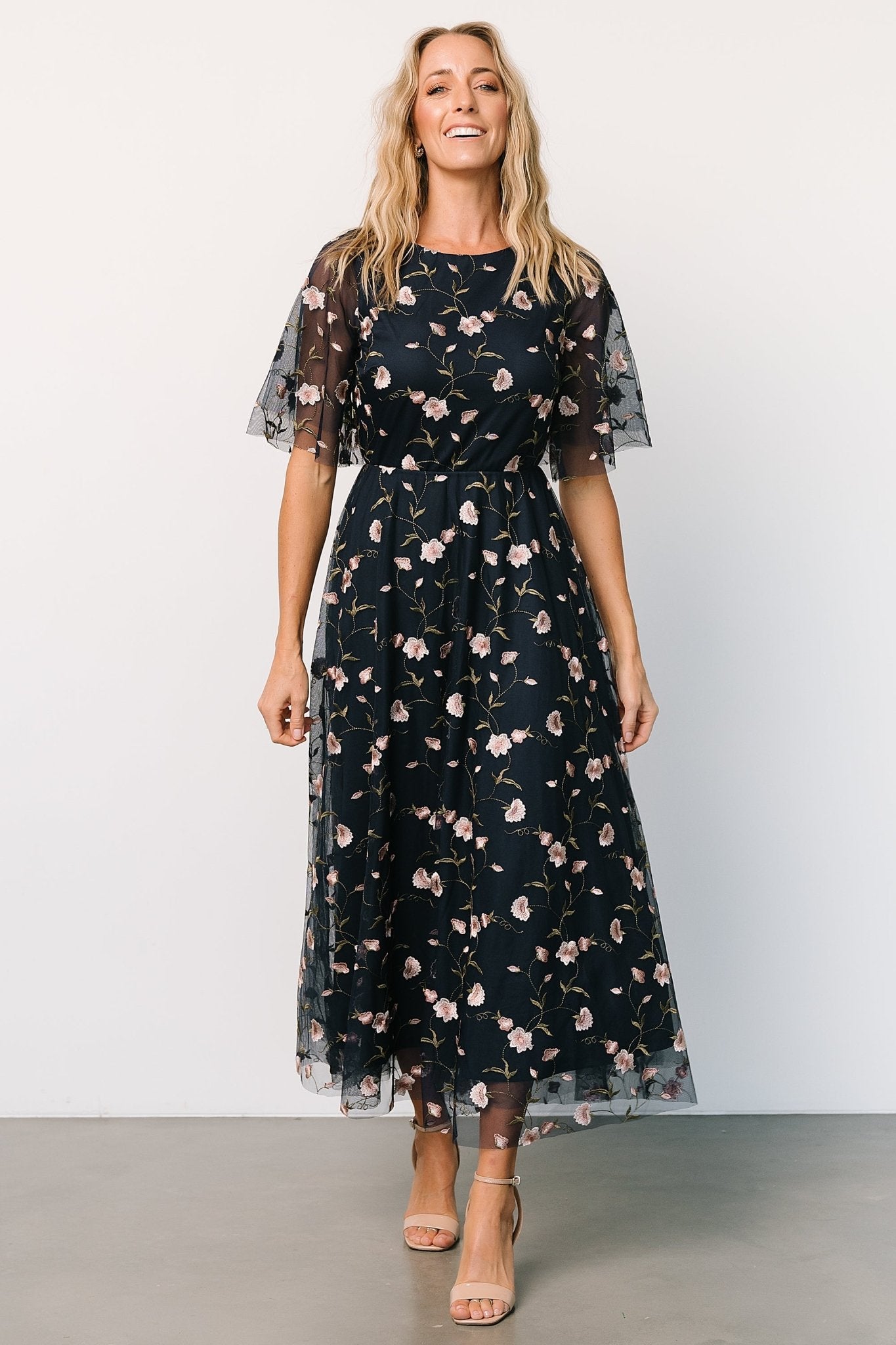 Arabella Embroidered Tulle Maxi Dress | Pink + Navy Clearance Recommend