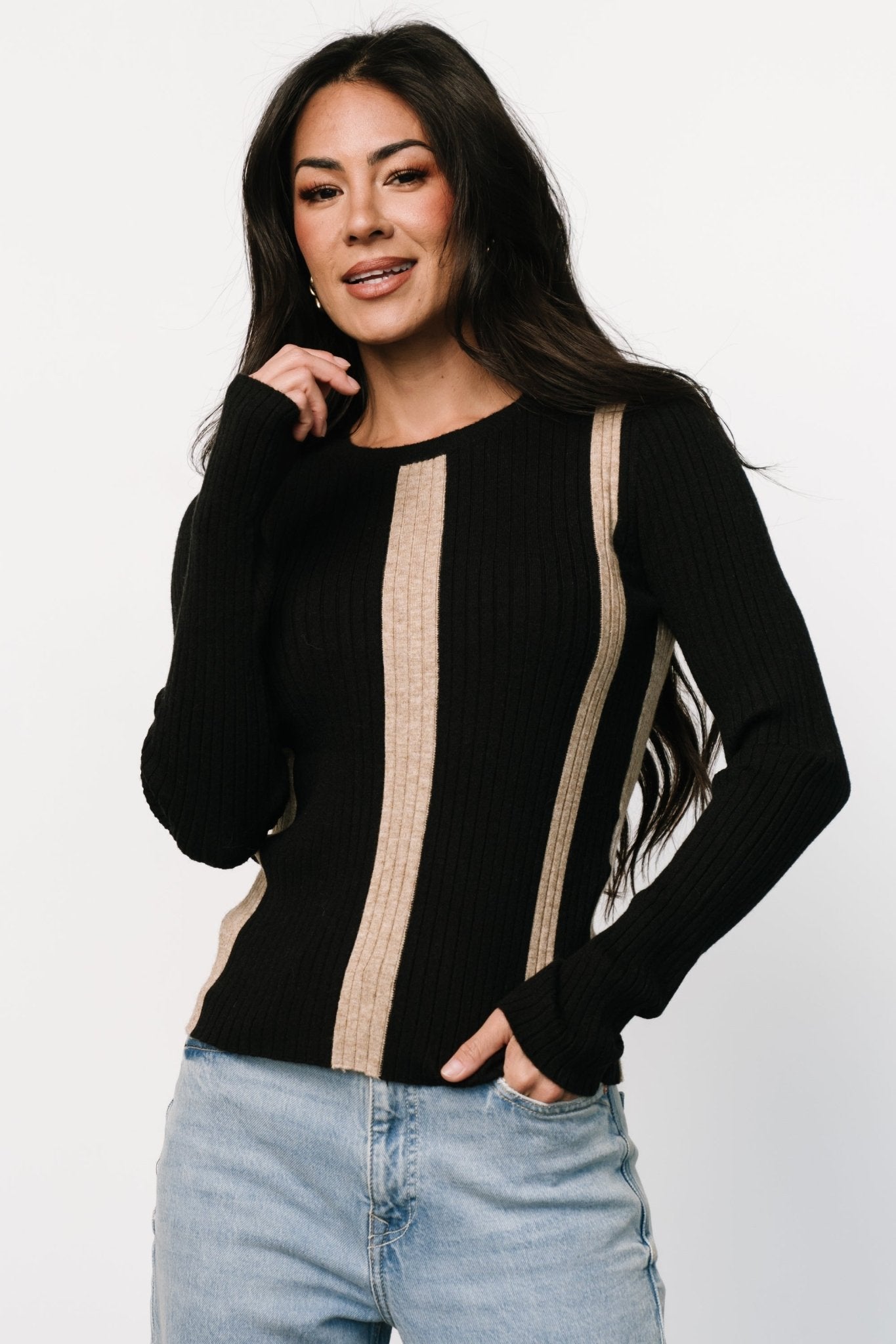 Jolene Ribbed Sweater Top | Black + Tan Stripe Cheap Purchase