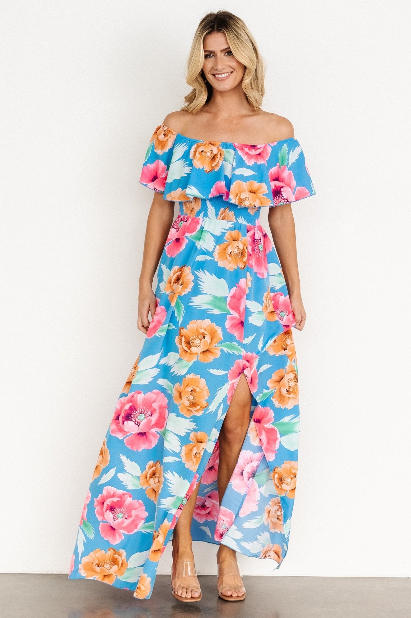 Talia Off Shoulder Maxi Dress | Sea Blue Floral Outlet Finishline