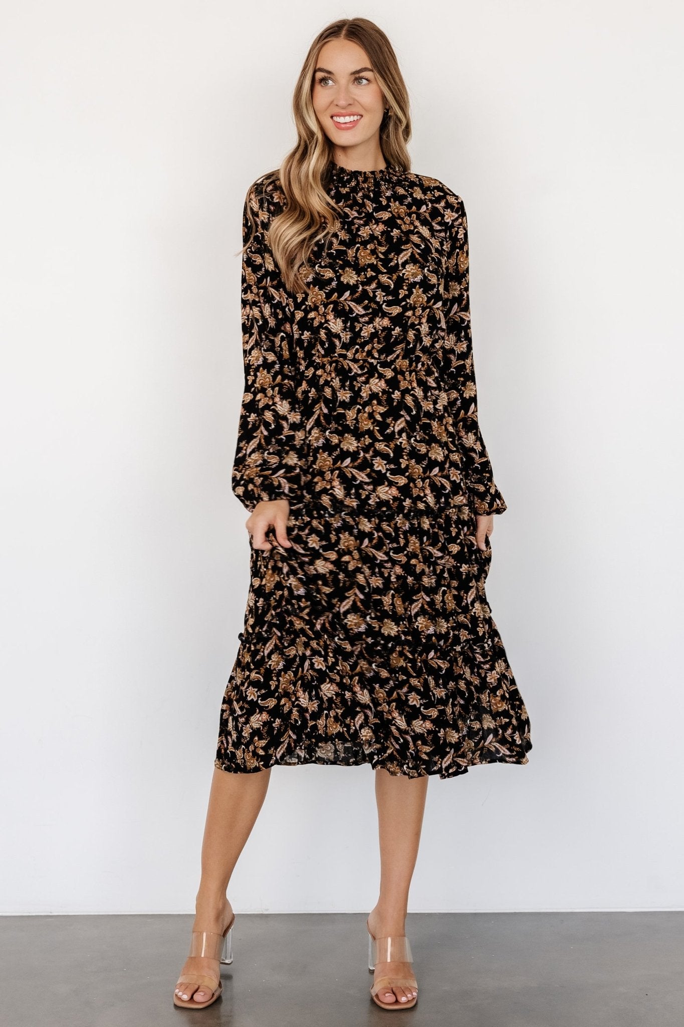 Kenice Mock Neck Dress | Black + Camel Print Clearance Hot Sale