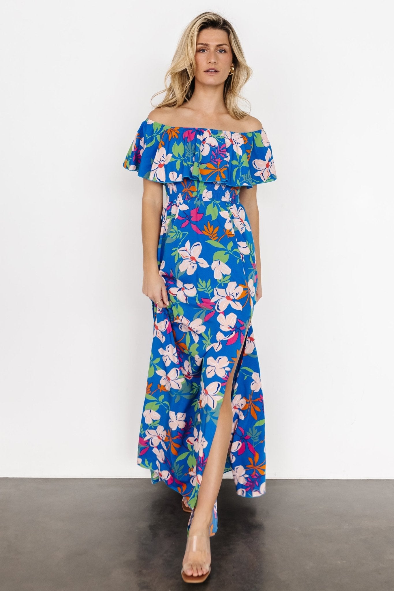 Talia Off Shoulder Maxi Dress | Blue Floral Clearance Newest