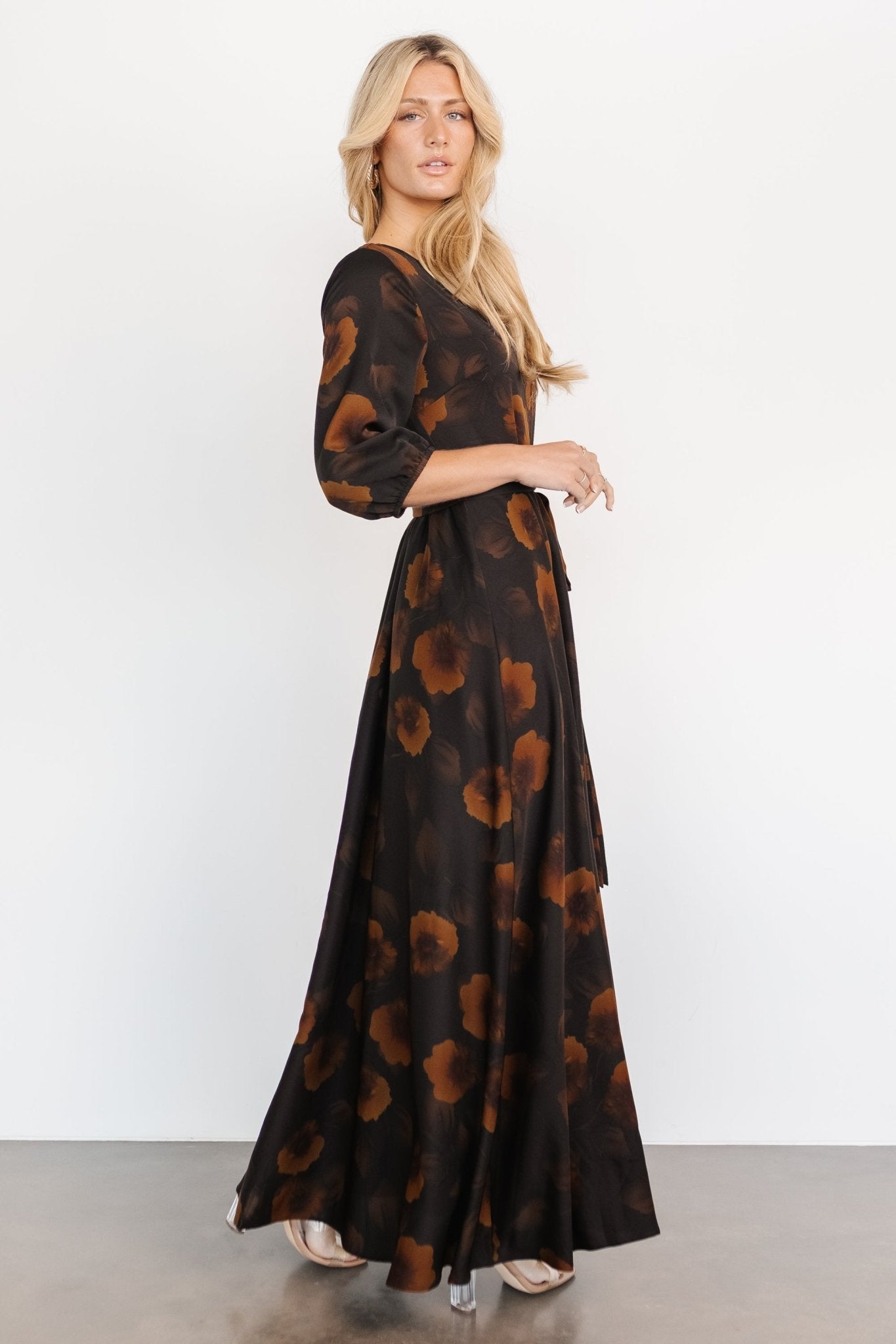 Paula Satin Maxi Dress | Deep Brown Floral Get Authentic For Sale