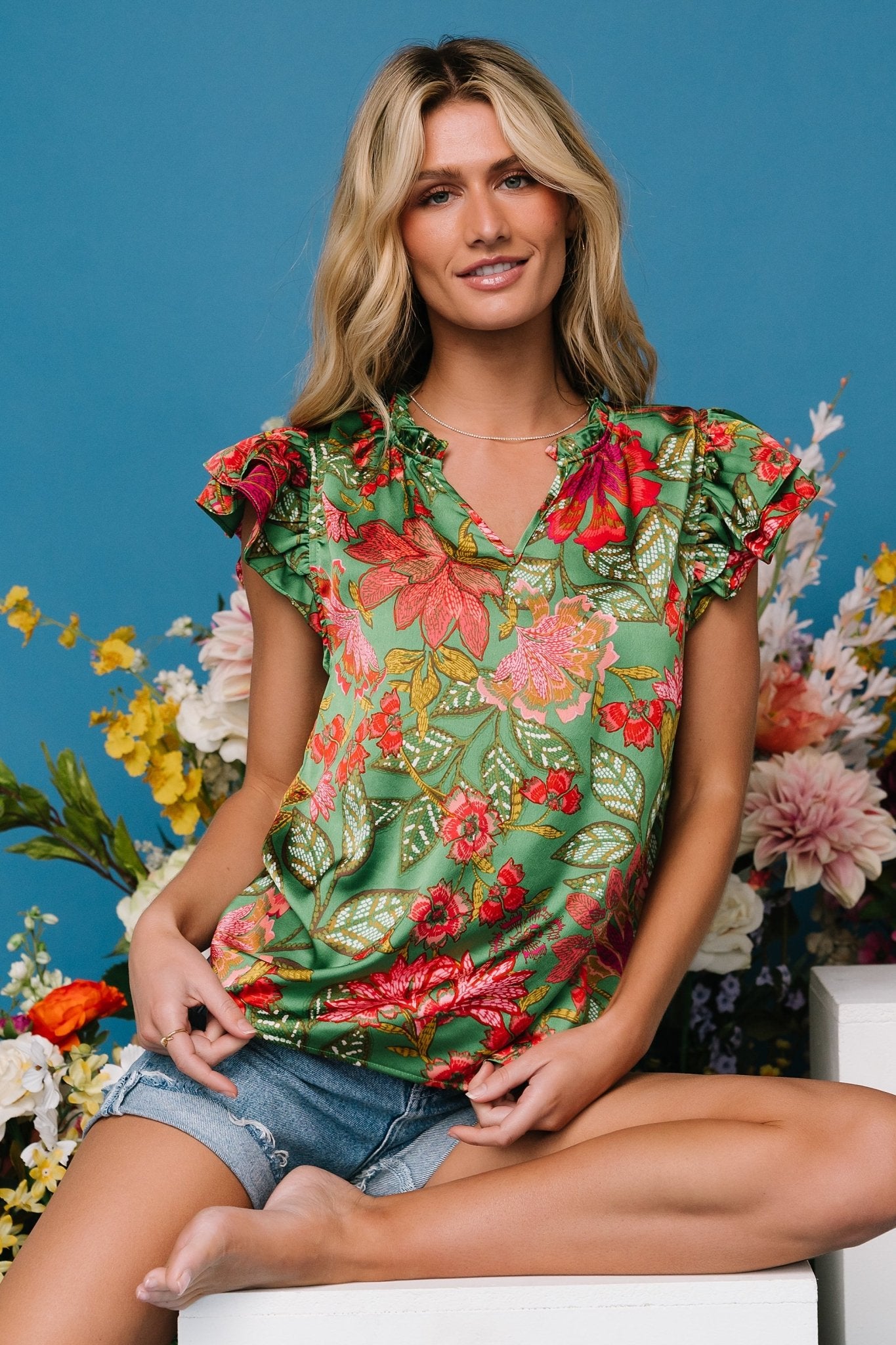 Skyler Ruffle Top | Green Multi Buy Cheap Best Pices