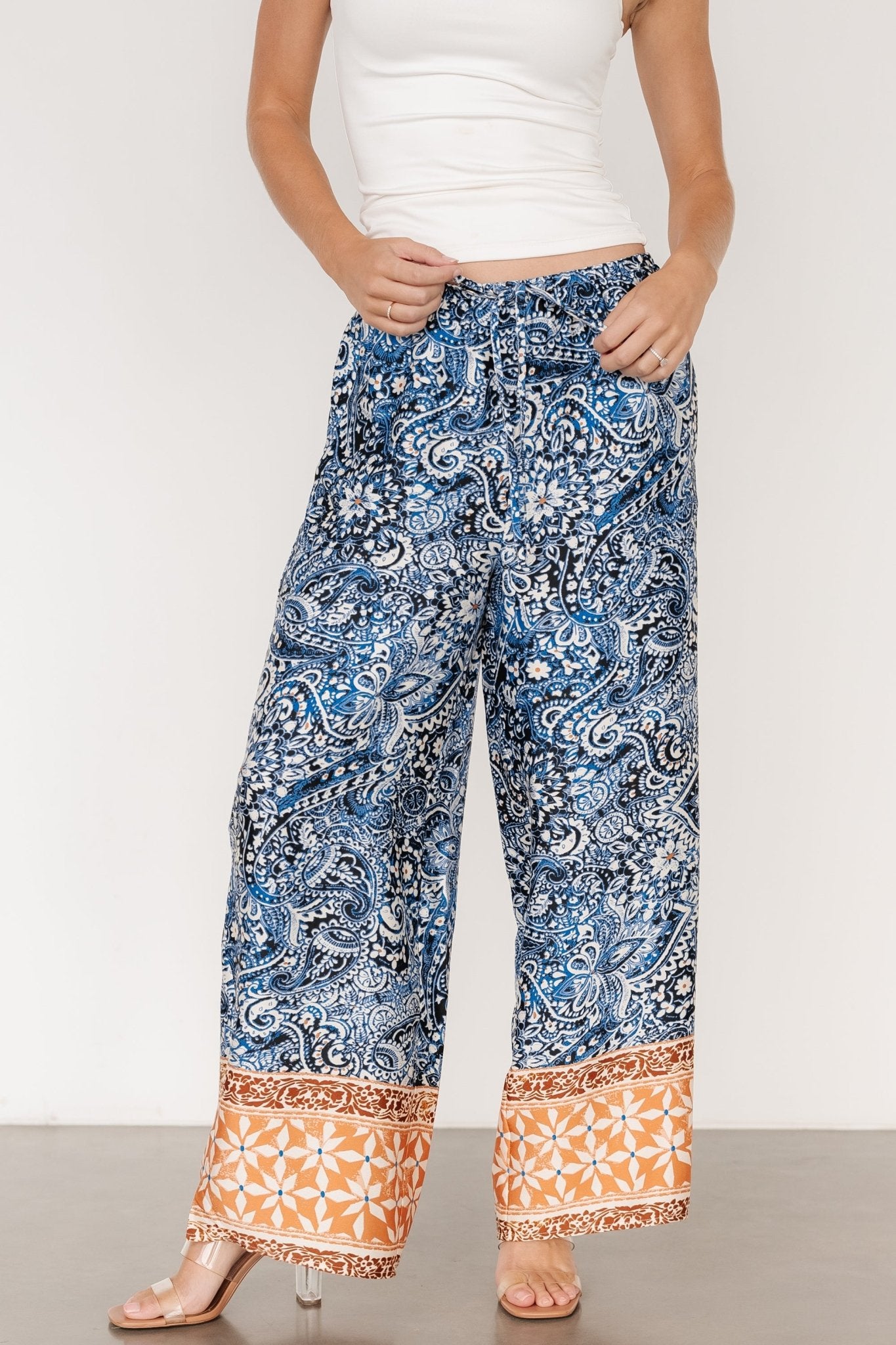 Zora Boho Satin Pants | Blue Multi Print For Sale Finishline