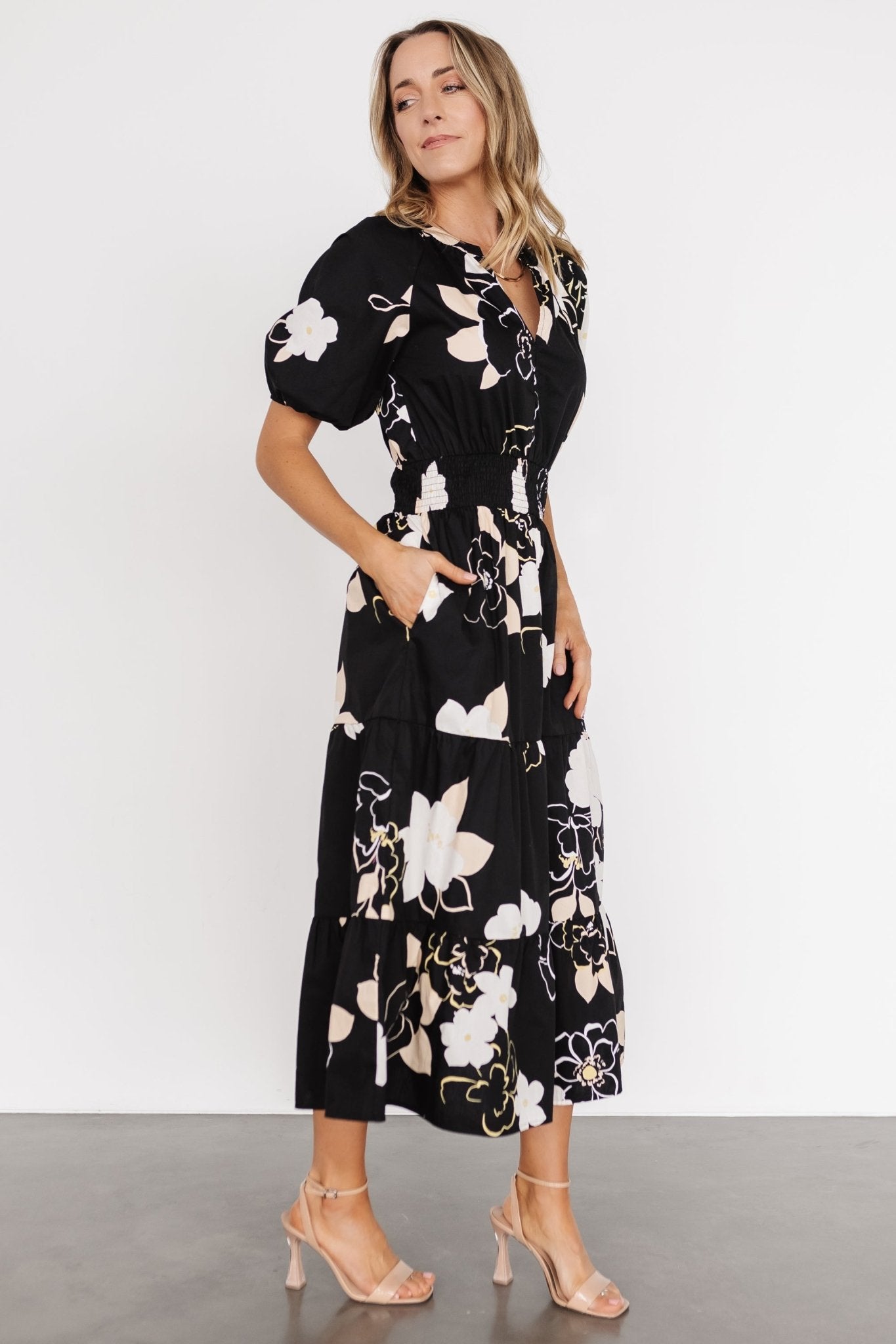 Hacienda Tiered Midi Dress | Black Multi Pictures For Sale