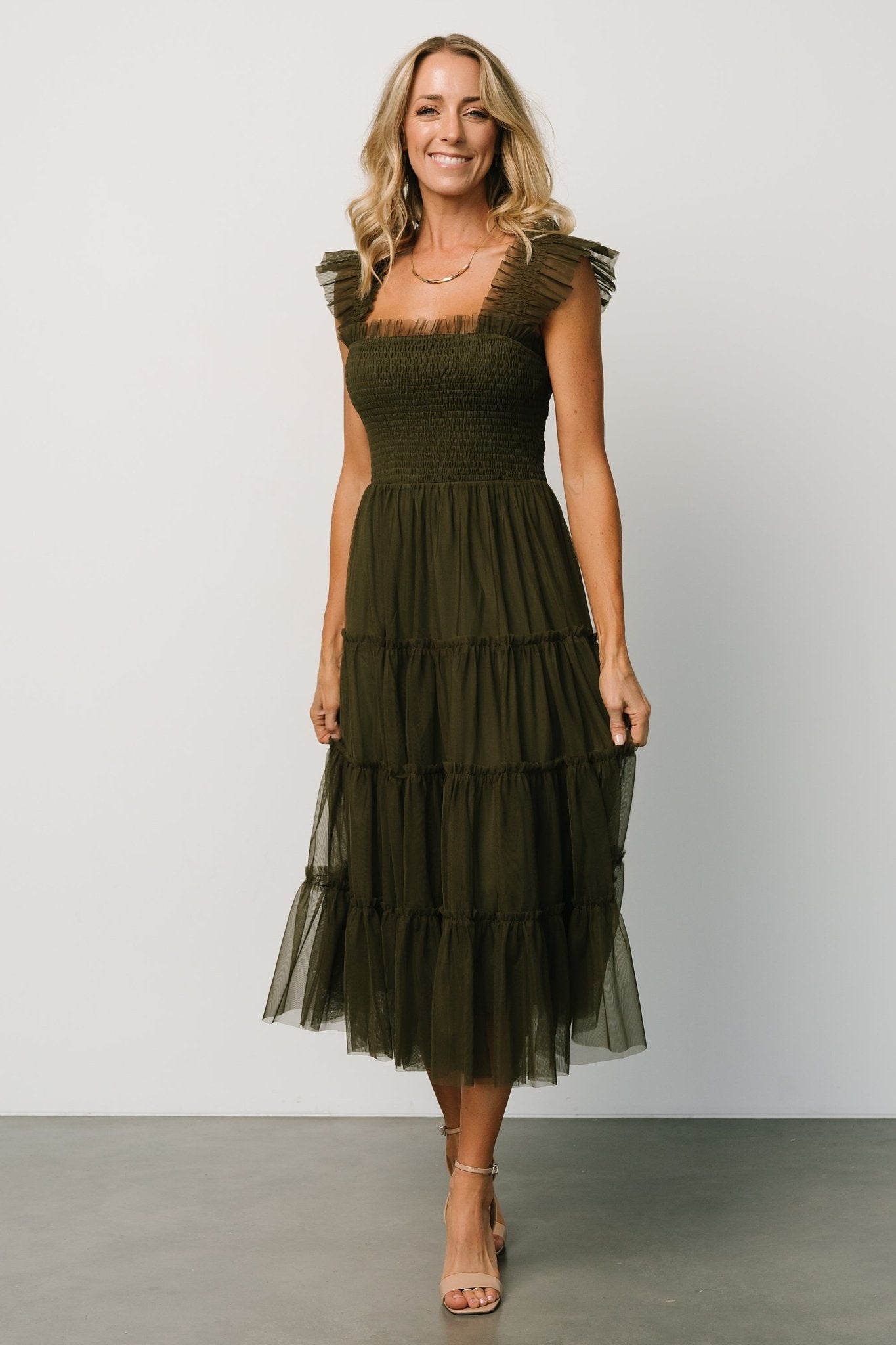 Emma Smocked Tulle Dress | Dark Olive Low Shipping Fee Online