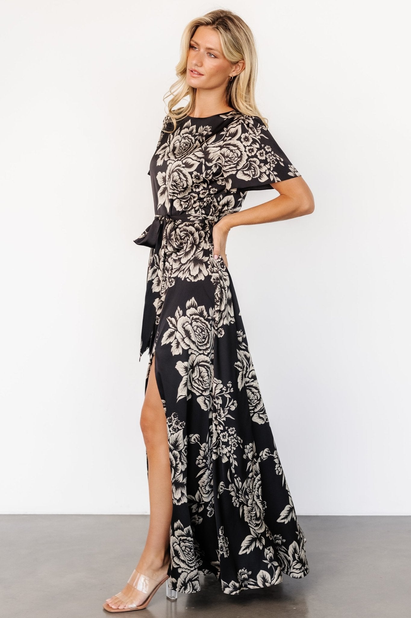 Agnes Satin Maxi Dress | Black + Cream Floral Free Shipping Popular