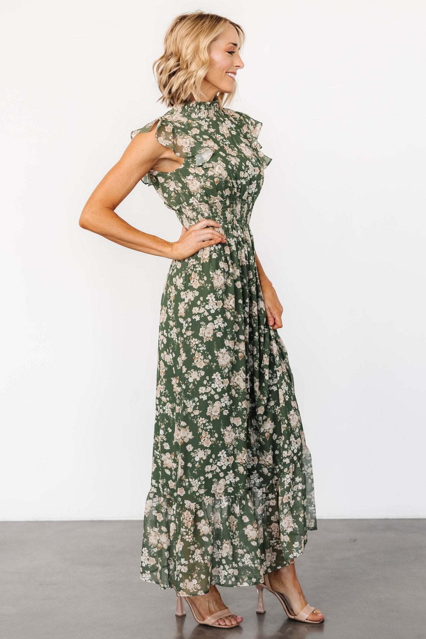 Kearny Ruffle Maxi Dress | Olive Floral Cheap Sale View