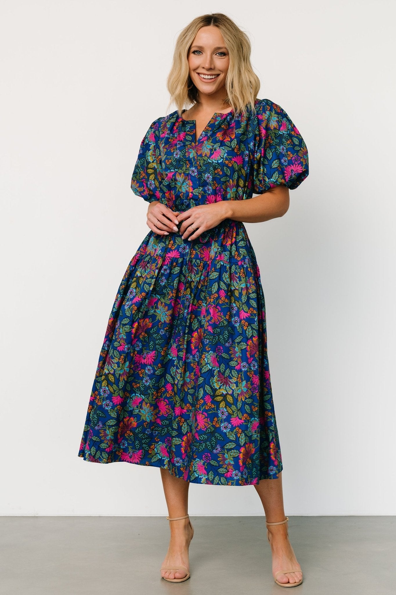 Karol Puff Sleeve Midi Dress | Blue Multi Cheap New Arrival