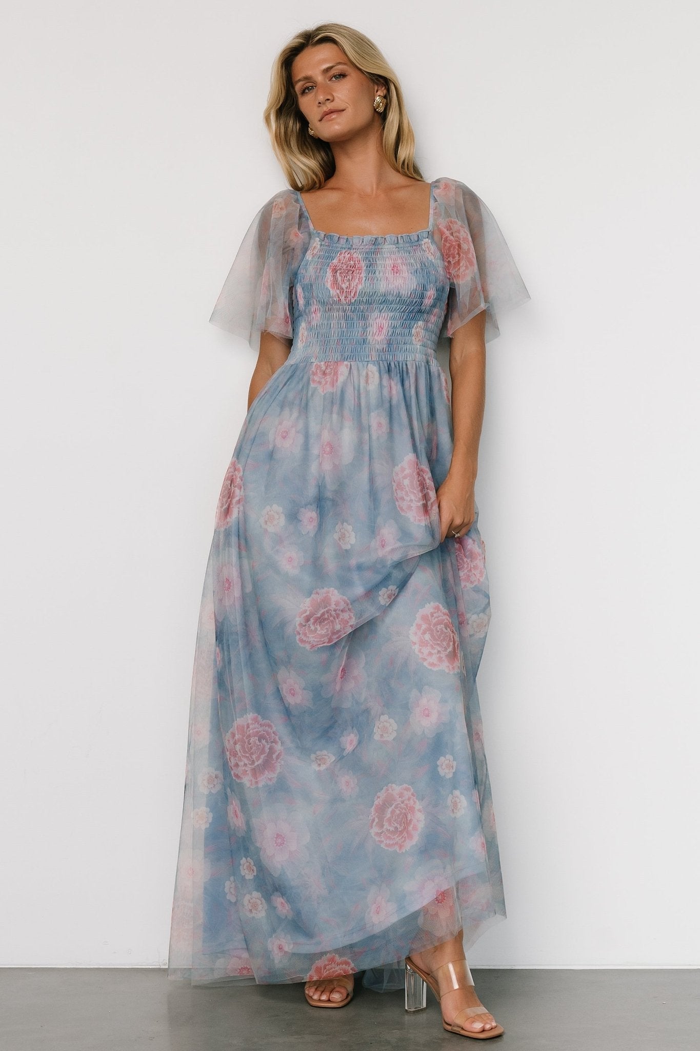 Cassandra Tulle Maxi Dress | Light Blue + Pink Floral 100% Authentic Sale Online