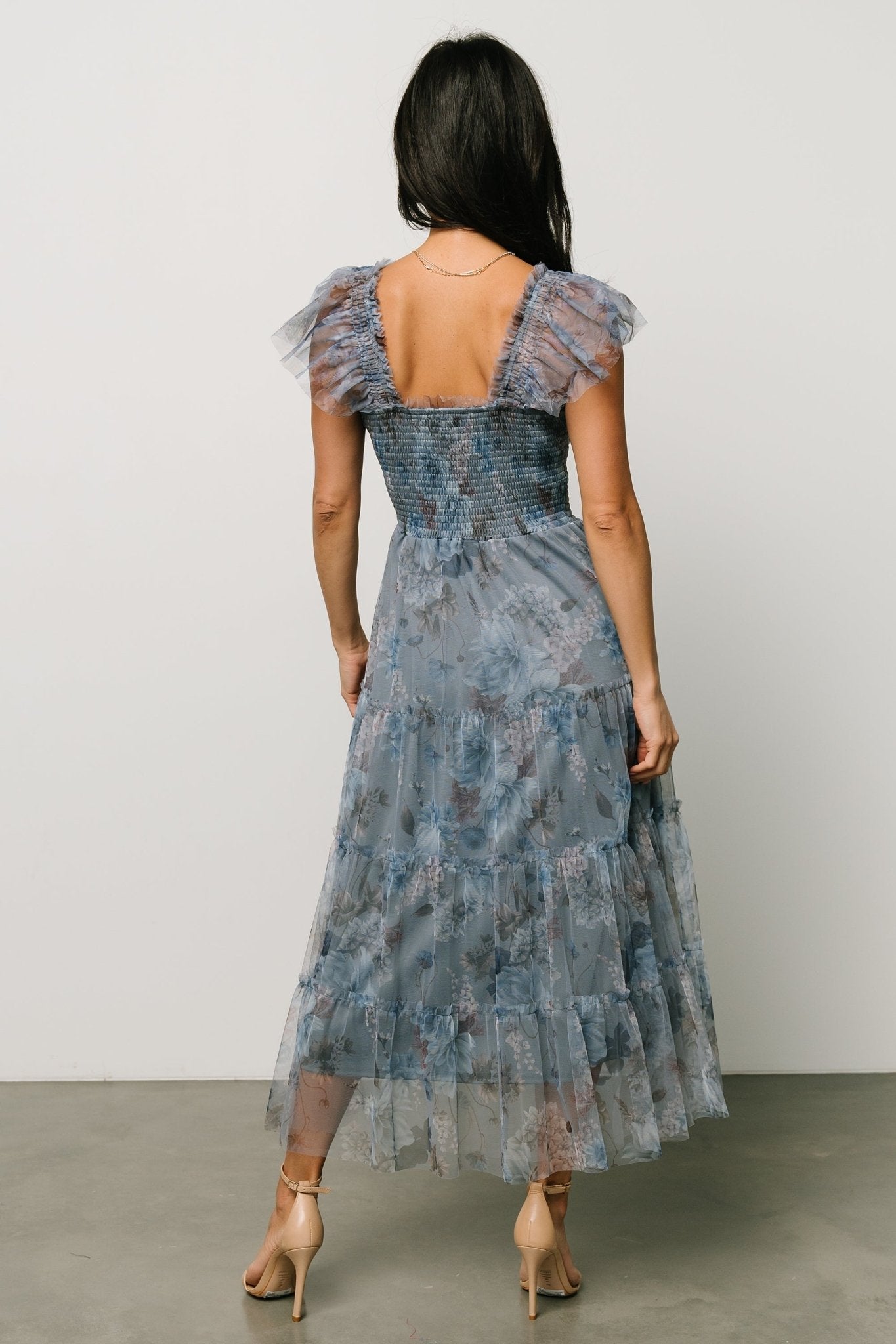 Clementine Tulle Midi Dress | Dusty Blue Floral Clearance With Mastercard