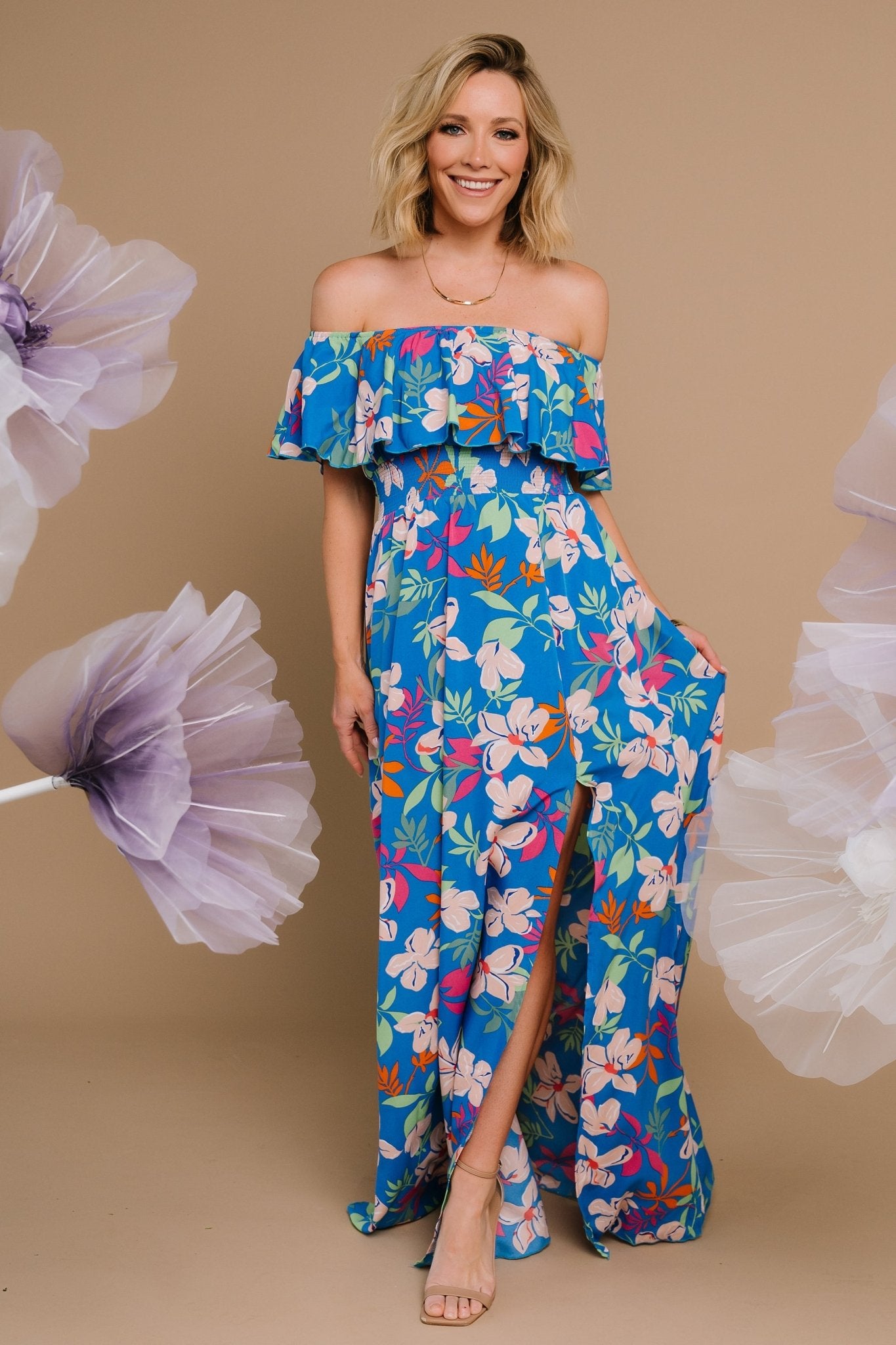 Talia Off Shoulder Maxi Dress | Blue Floral Clearance Newest