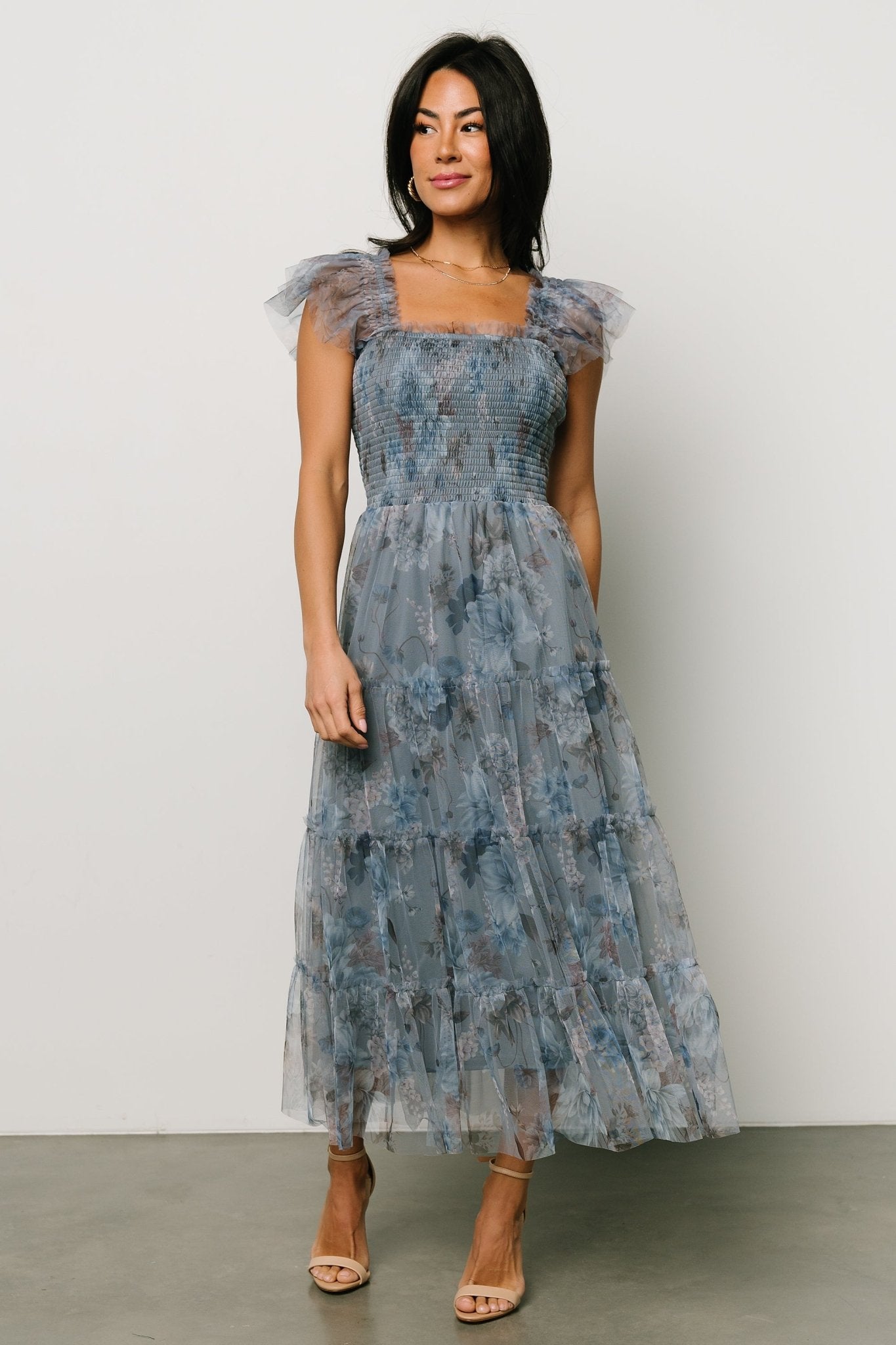 Clementine Tulle Midi Dress | Dusty Blue Floral Clearance With Mastercard