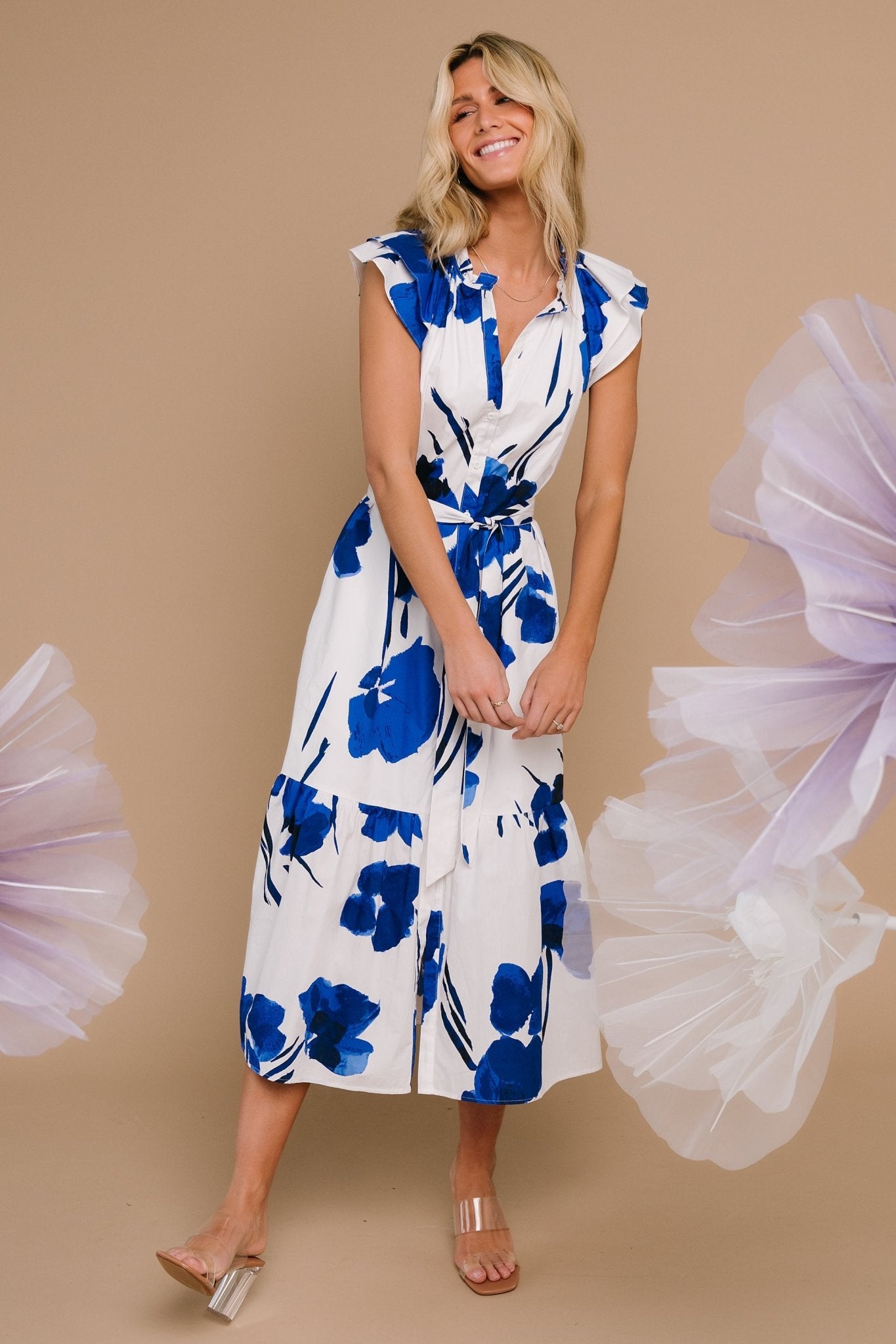 Blakely Button Dress | White + Cobalt Best Wholesale For Sale