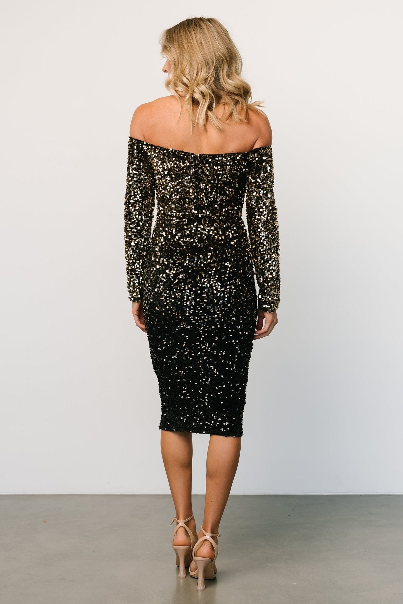 Eclipse Sequin Midi Dress | Black + Gold Sale Enjoy