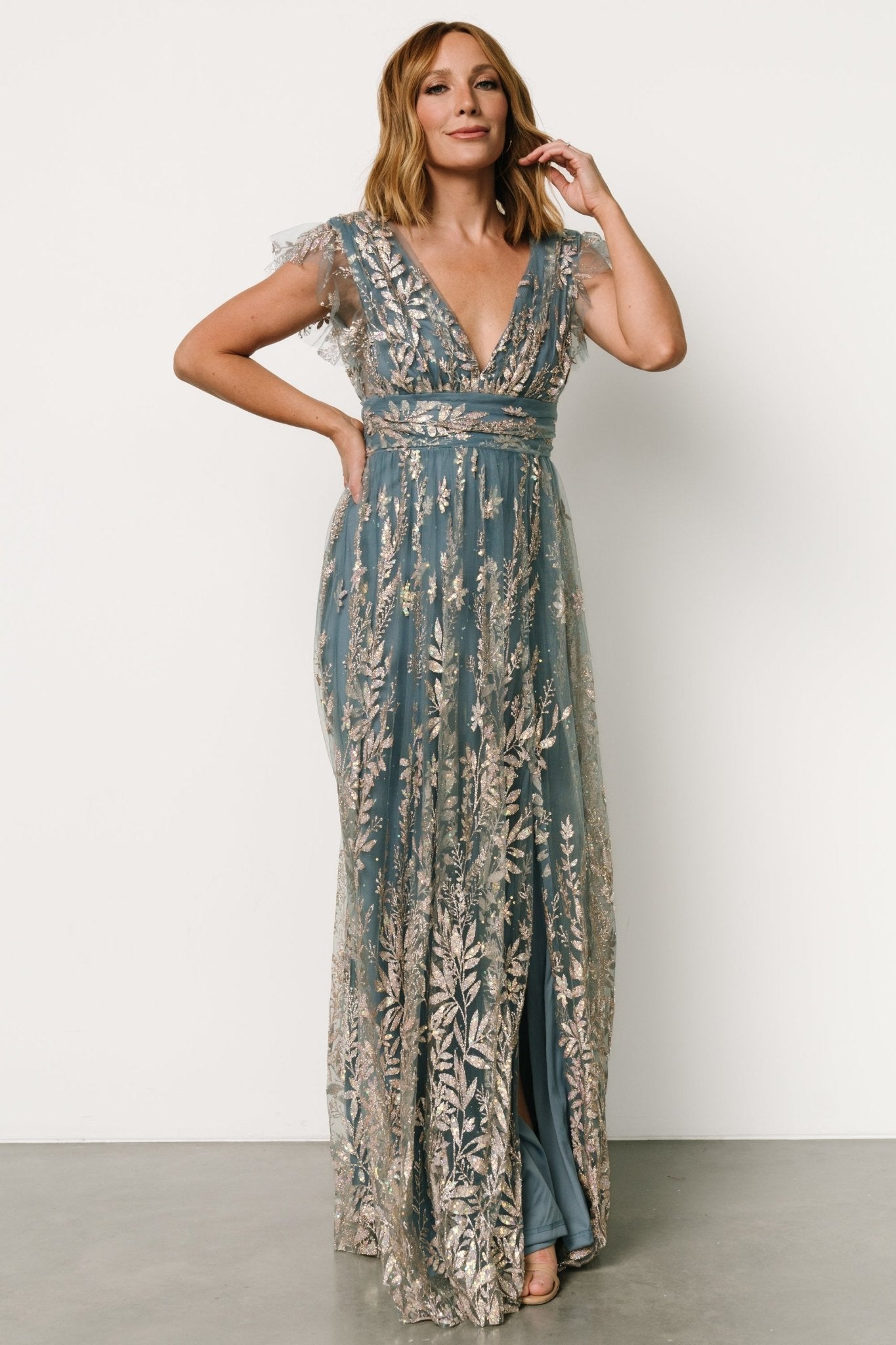 Karina Shimmer Gown | Blue + Rose Gold Clearance Pictures