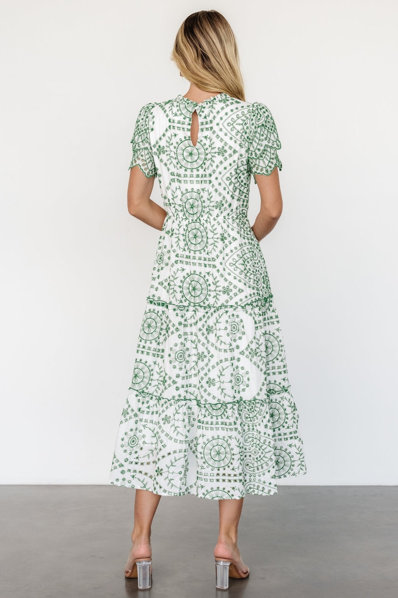 Mirabel Eyelet Midi Dress | White + Green Purchase Cheap Pice