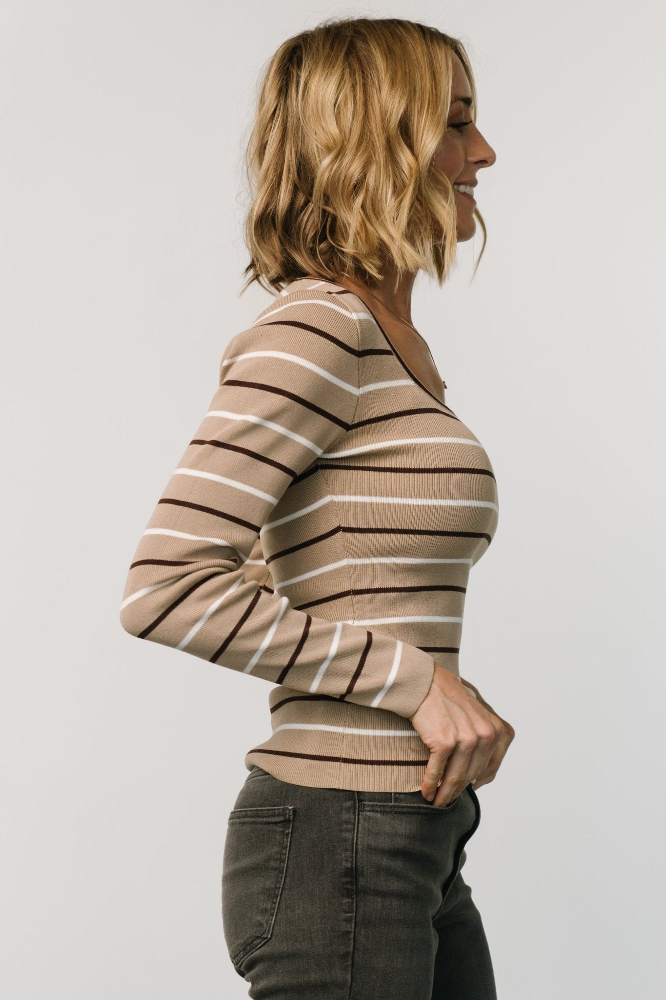 Kaylee Long Sleeve Top | Taupe Stripe Cheap Supply