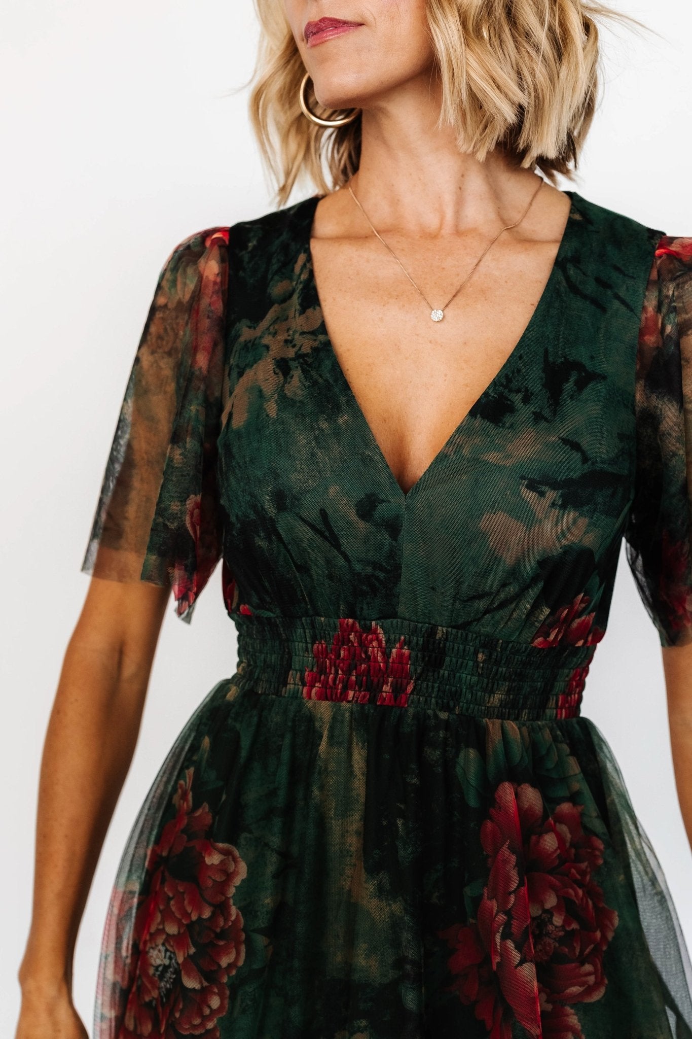 Cressida Tulle Maxi Dress | Dark Green + Red Floral Affordable Online