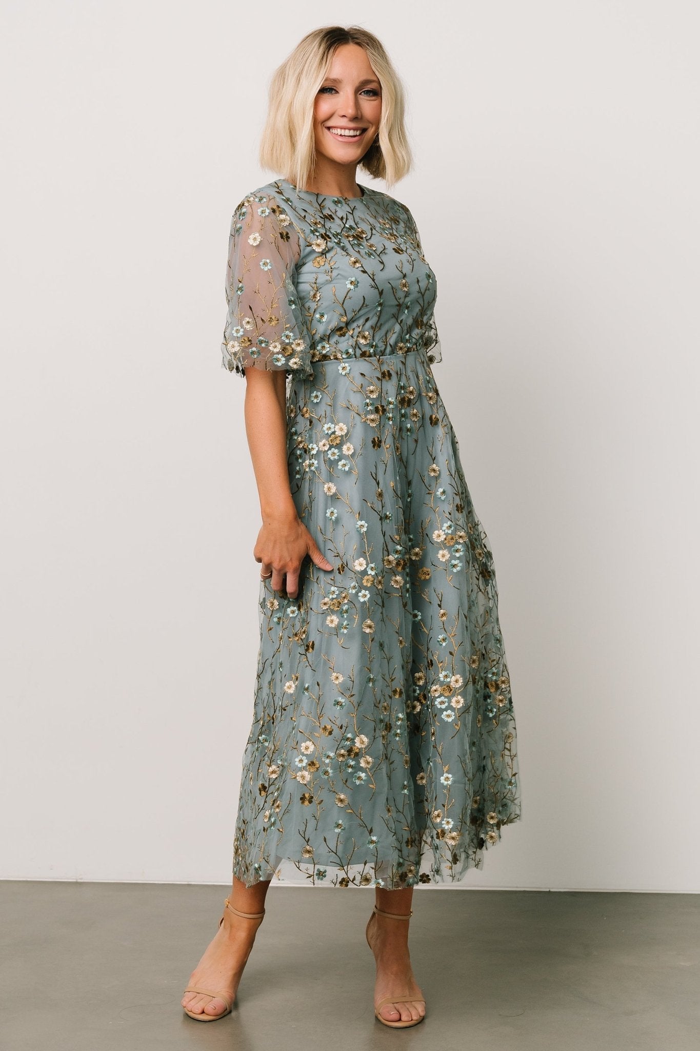 Arabella Embroidered Tulle Maxi Dress | Dusty Blue Floral Outlet Explore