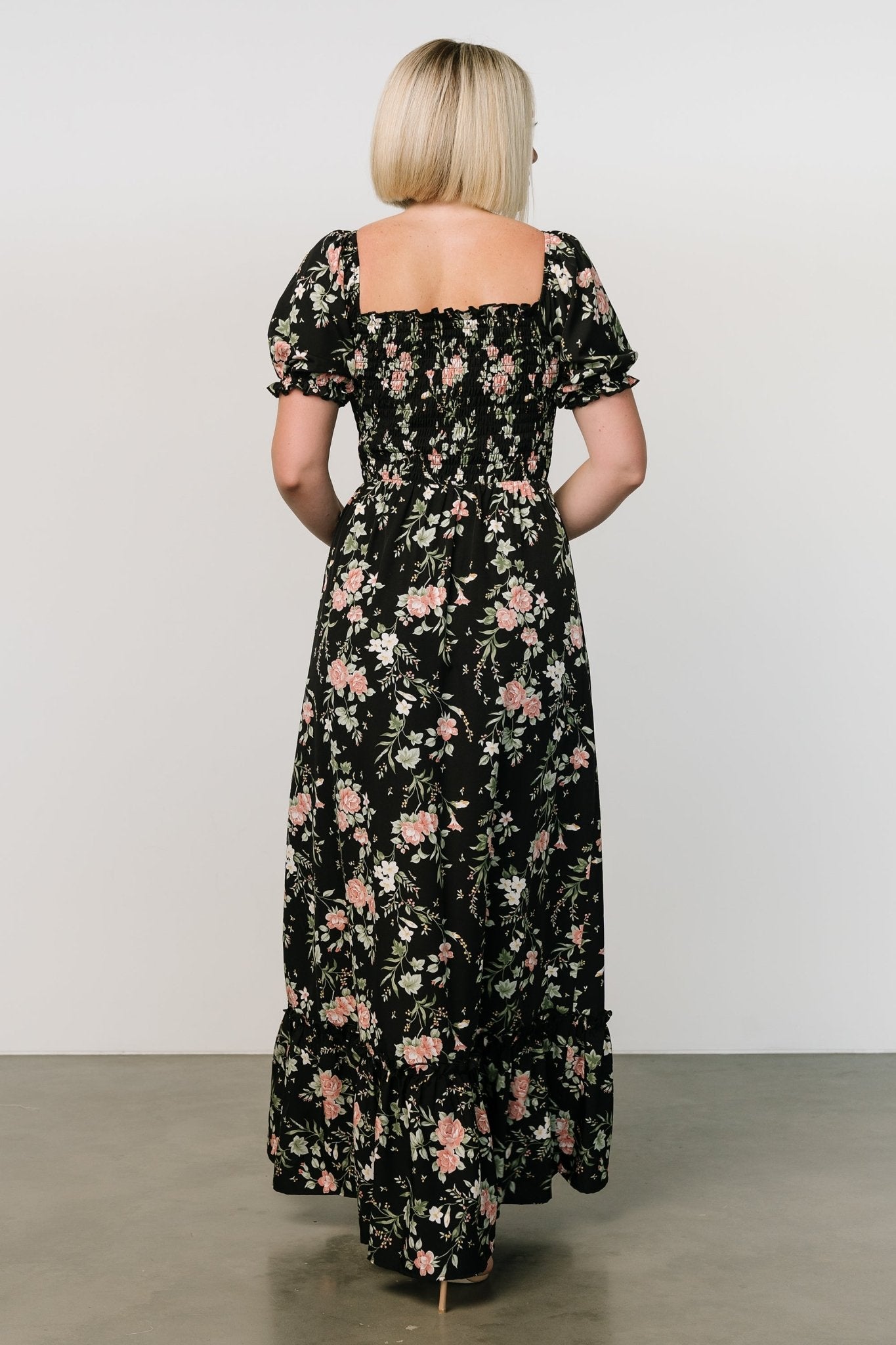 Capri Smocked Maxi Dress | Black Garden Floral Free Shipping Classic