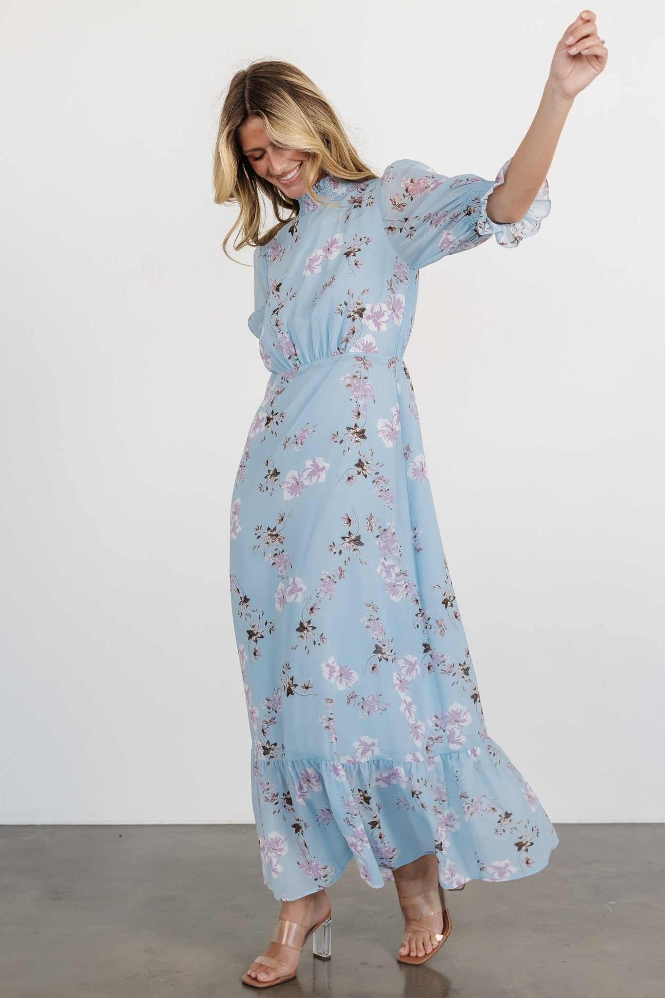 Marie Mock Neck Maxi Dress | Sky Blue Floral Affordable Cheap Pice