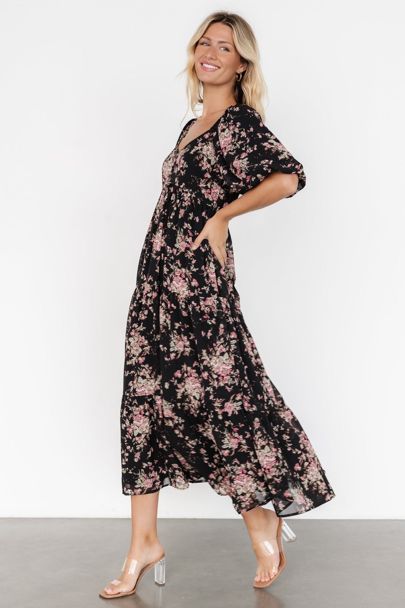 Evelette Dress | Black + Mauve Floral Sale Explore