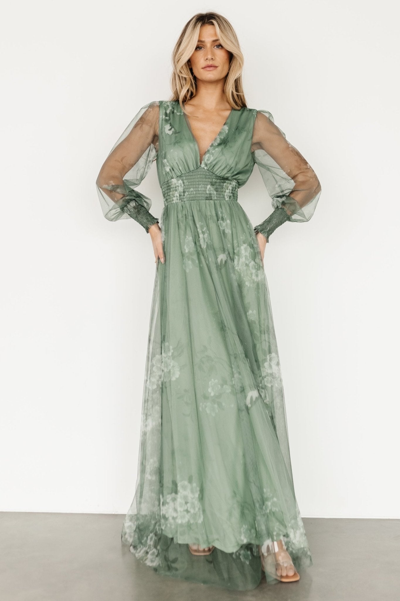 Layla Tulle Maxi Dress | Dusty Green Floral Sale New