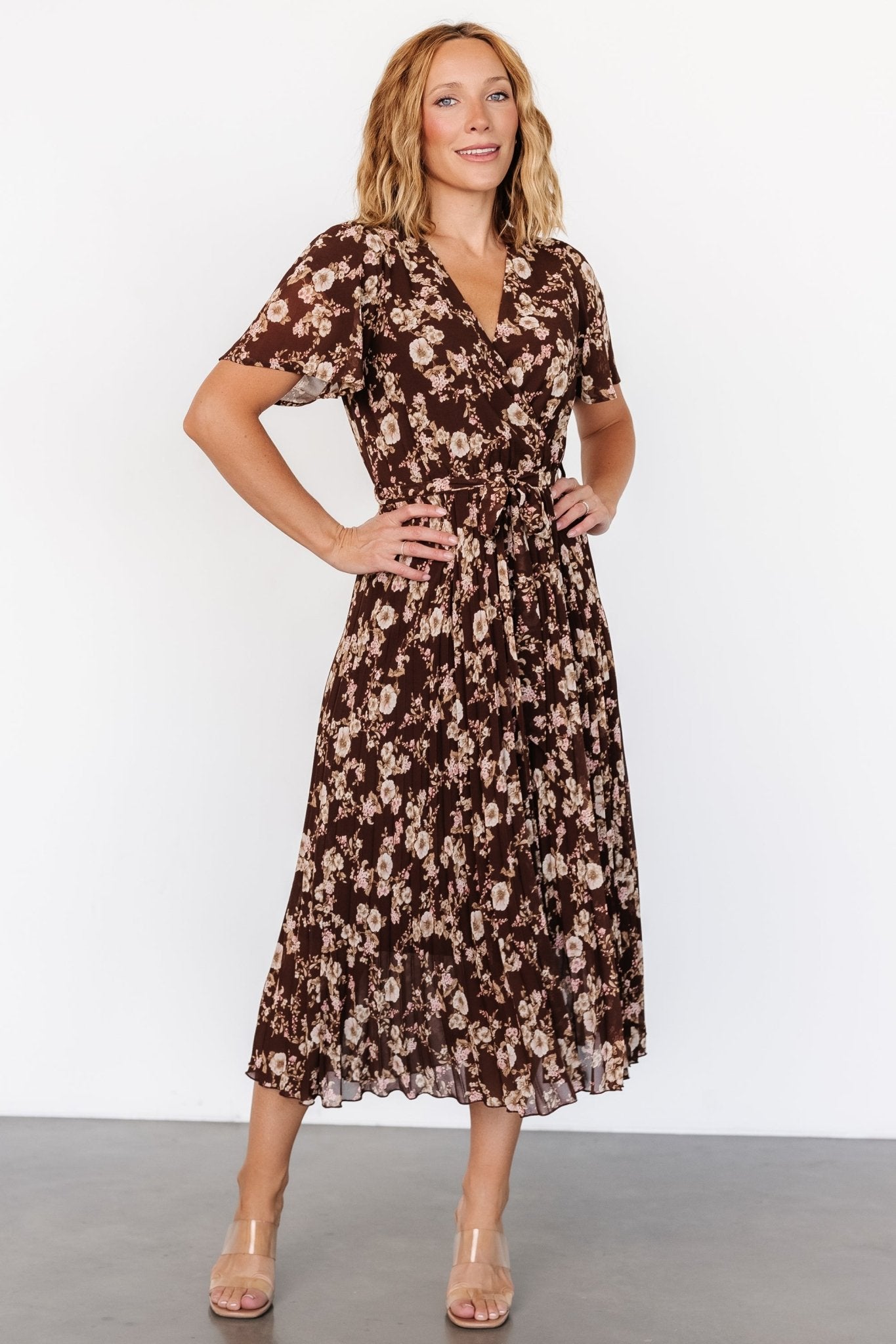 Cassidy Pleated Midi Dress | Brown Floral Free Shipping Perfect