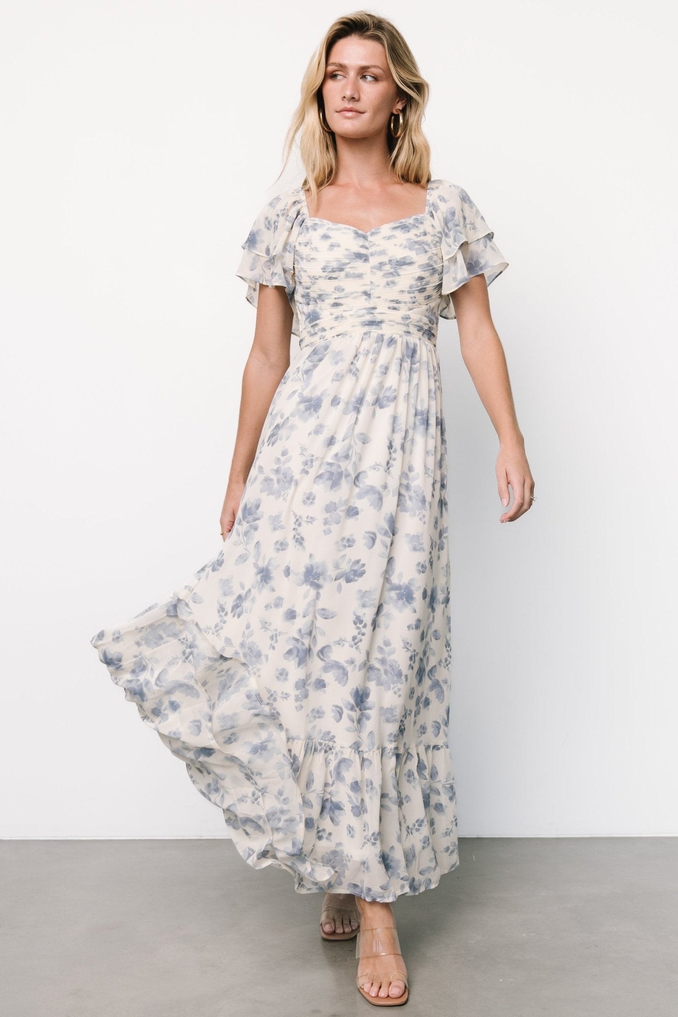 Juliana Pleated Top Dress | Ivory + Blue Floral Looking For For Sale