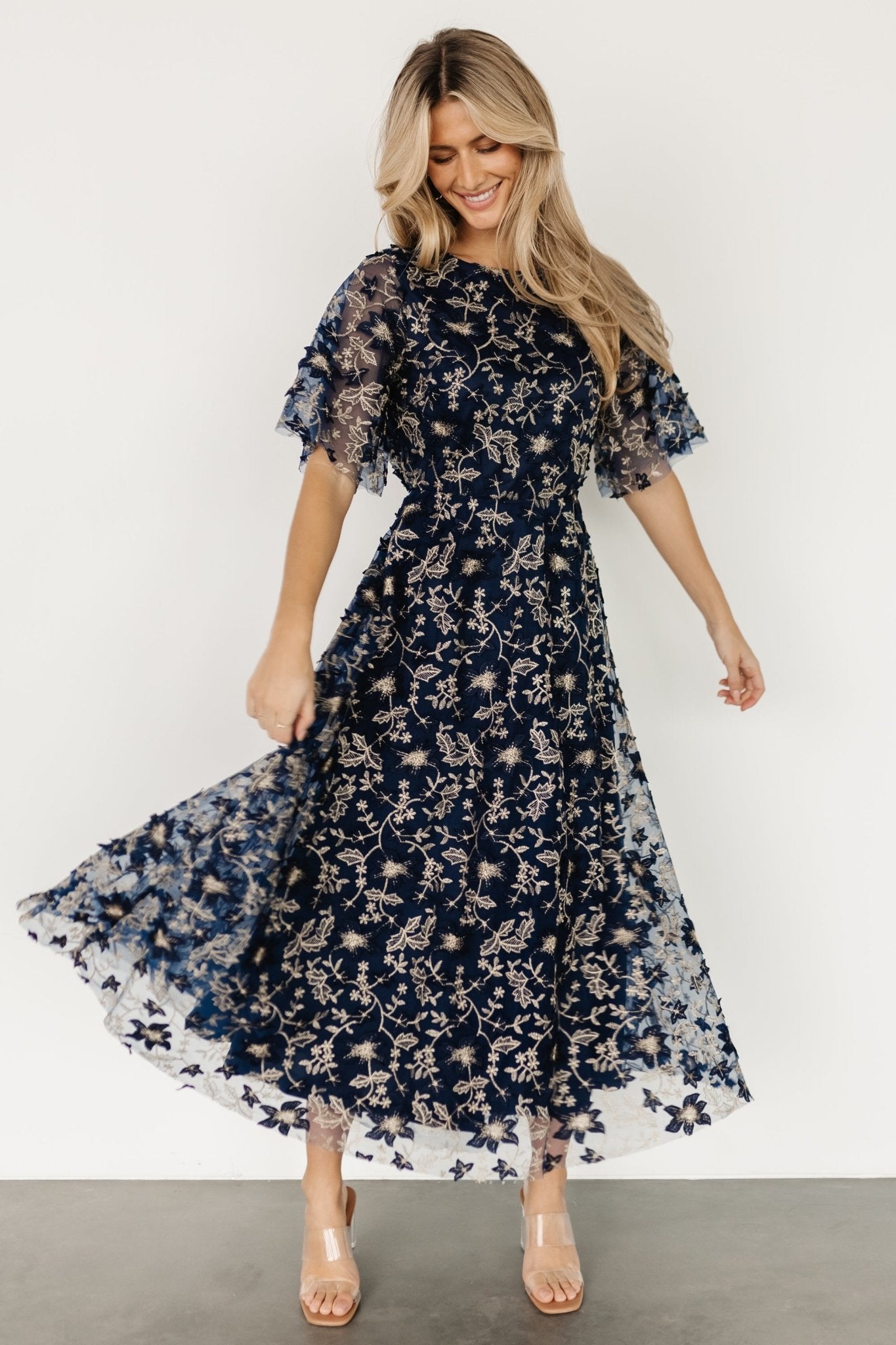 Arabella Embroidered Tulle Maxi Dress | Navy + Gold Free Shipping Browse