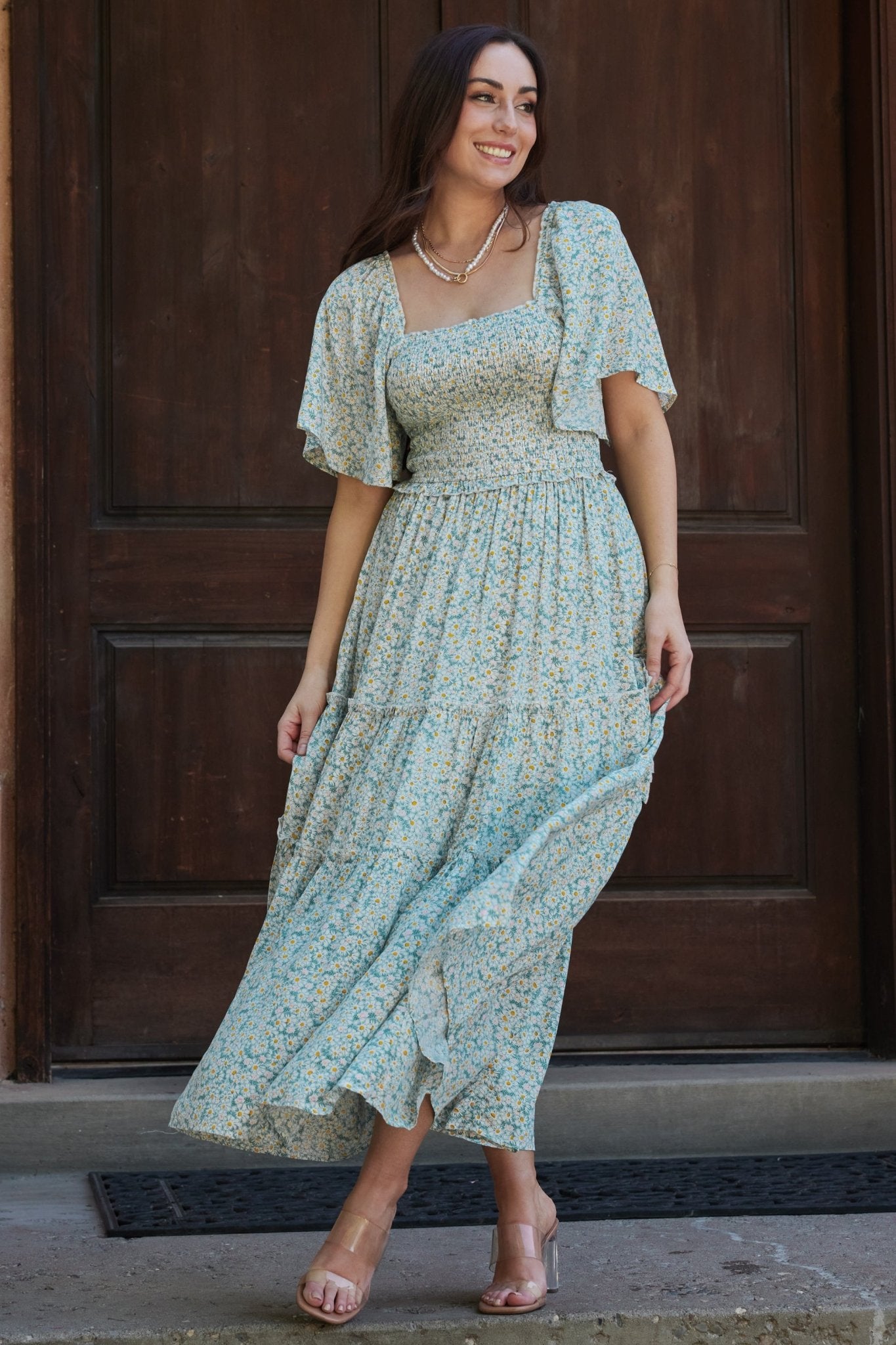 Regina Smocked Maxi Dress | Green Floral With Credit Card Cheap Pice