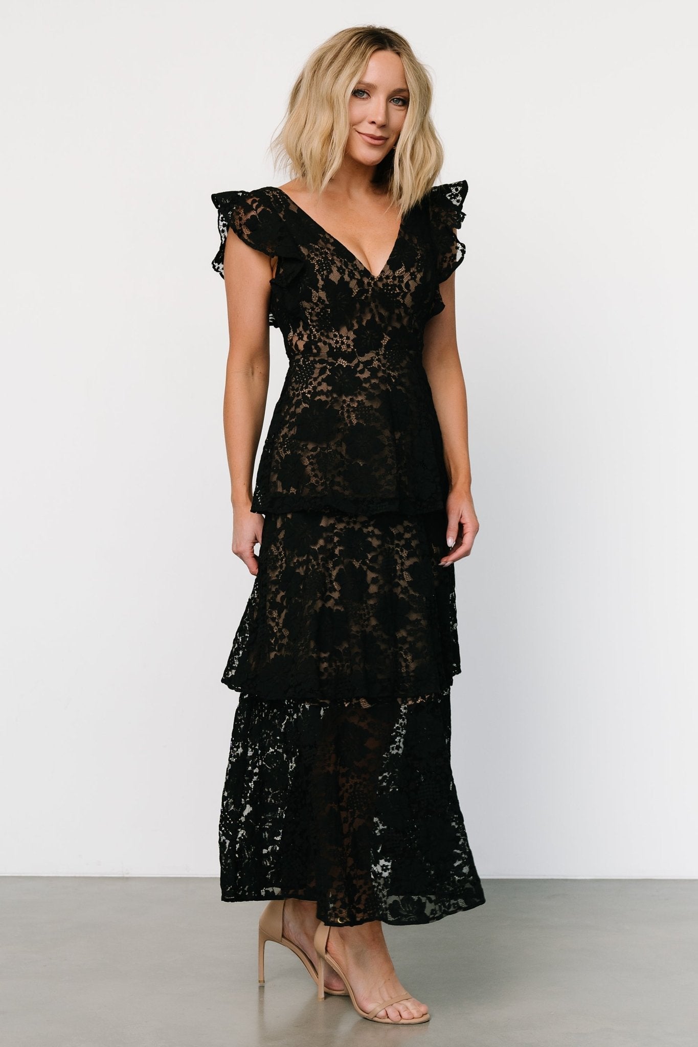 Margot Lace Tiered Maxi Dress | Black + Nude Sale Online Online