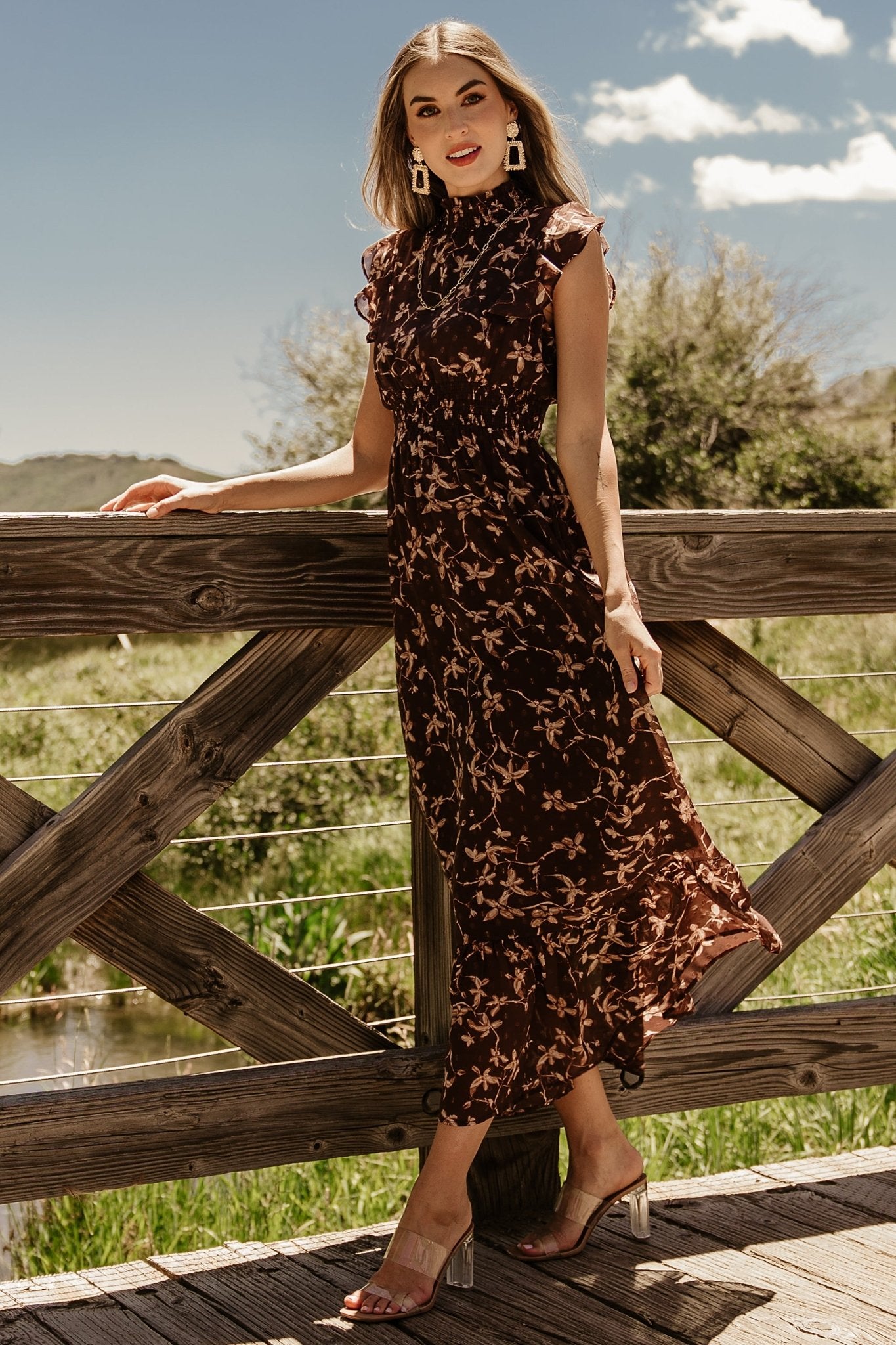 Kearny Ruffle Maxi Dress | Brown + Natural Discount Wholesale