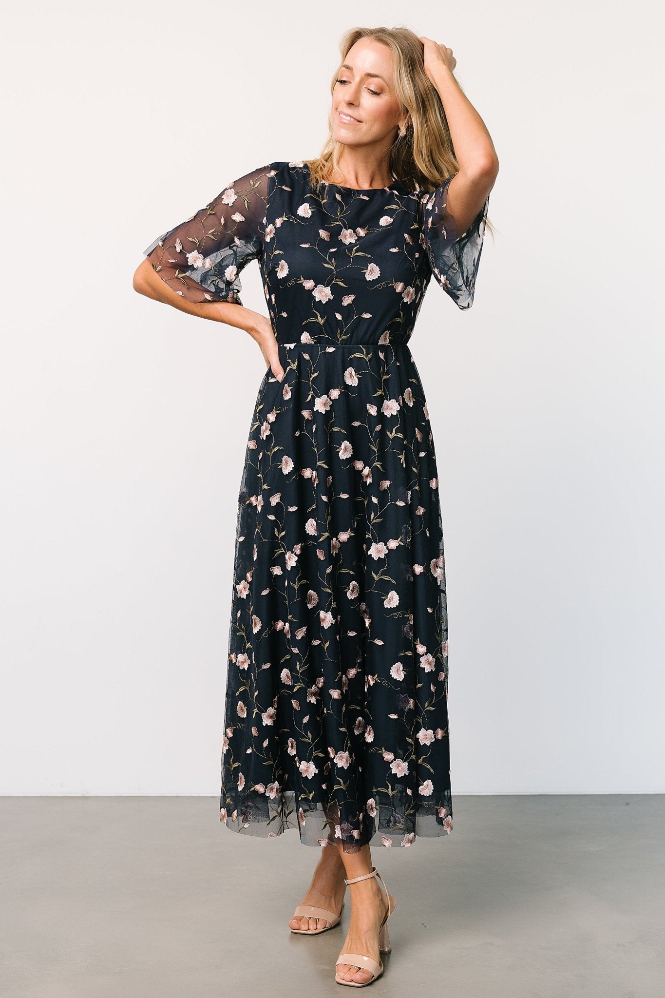 Arabella Embroidered Tulle Maxi Dress | Pink + Navy Clearance Recommend