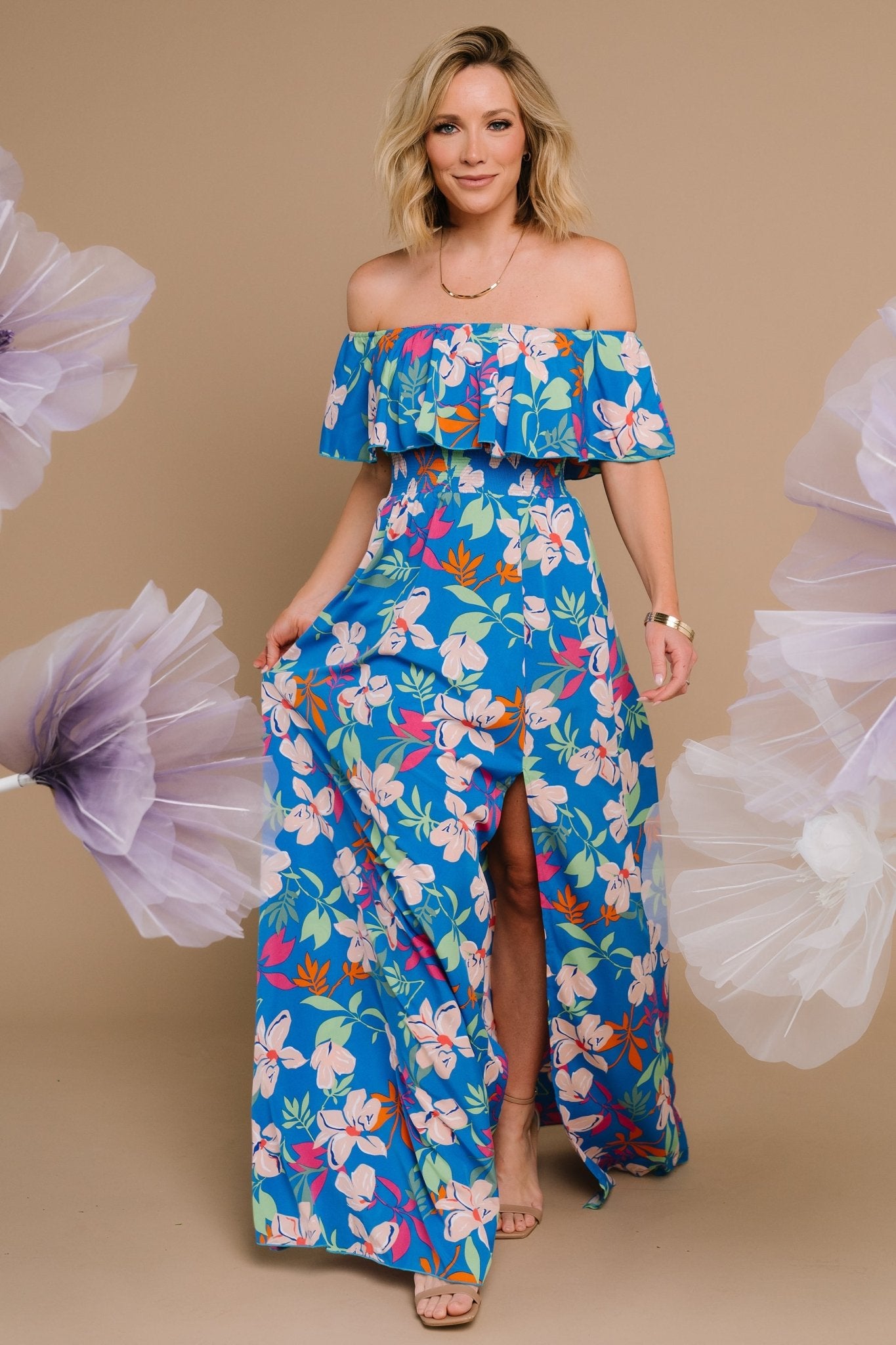 Talia Off Shoulder Maxi Dress | Blue Floral Clearance Newest