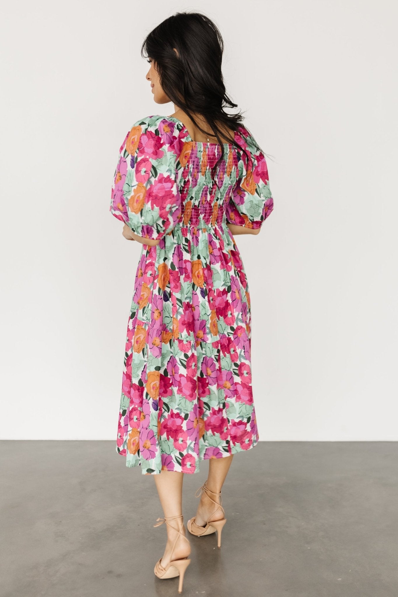 Aimee Puff Sleeve Midi Dress | Pink Multi Cheap Browse