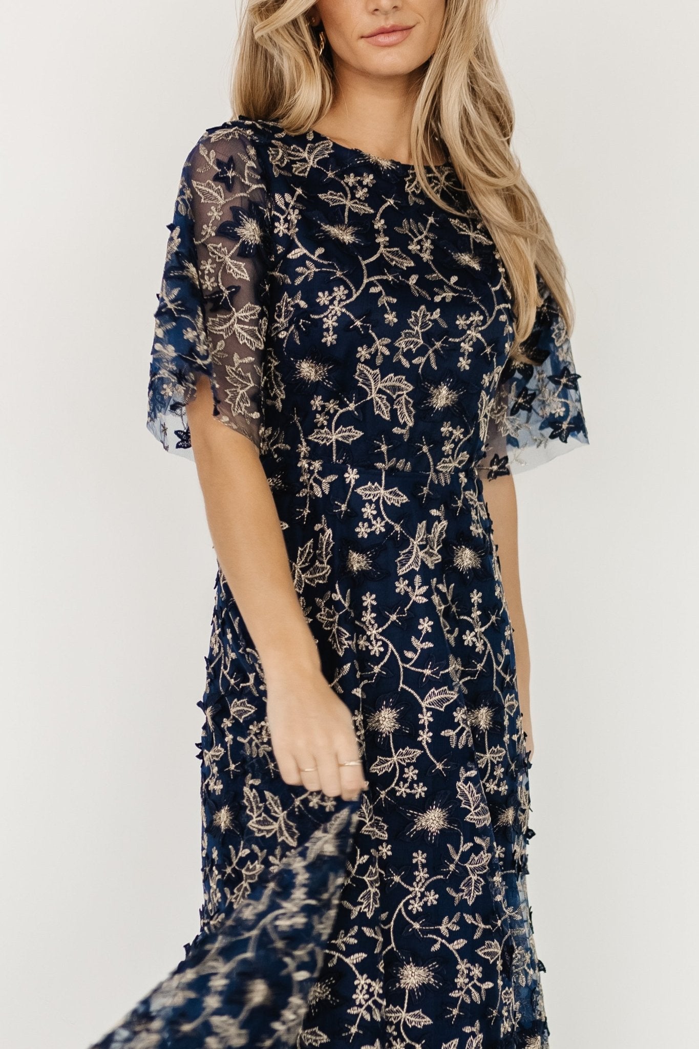 Arabella Embroidered Tulle Maxi Dress | Navy + Gold Free Shipping Browse