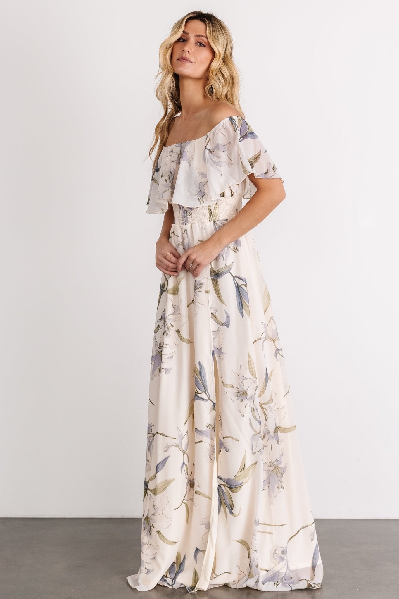 Daphne Off Shoulder Maxi Dress | Beige + Blue Floral Manchester Sale Online