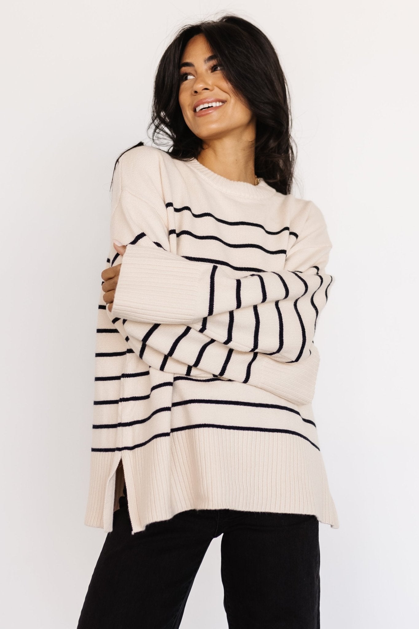 Emerson Stripe Knit Sweater | Ivory + Black Free Shipping 2025